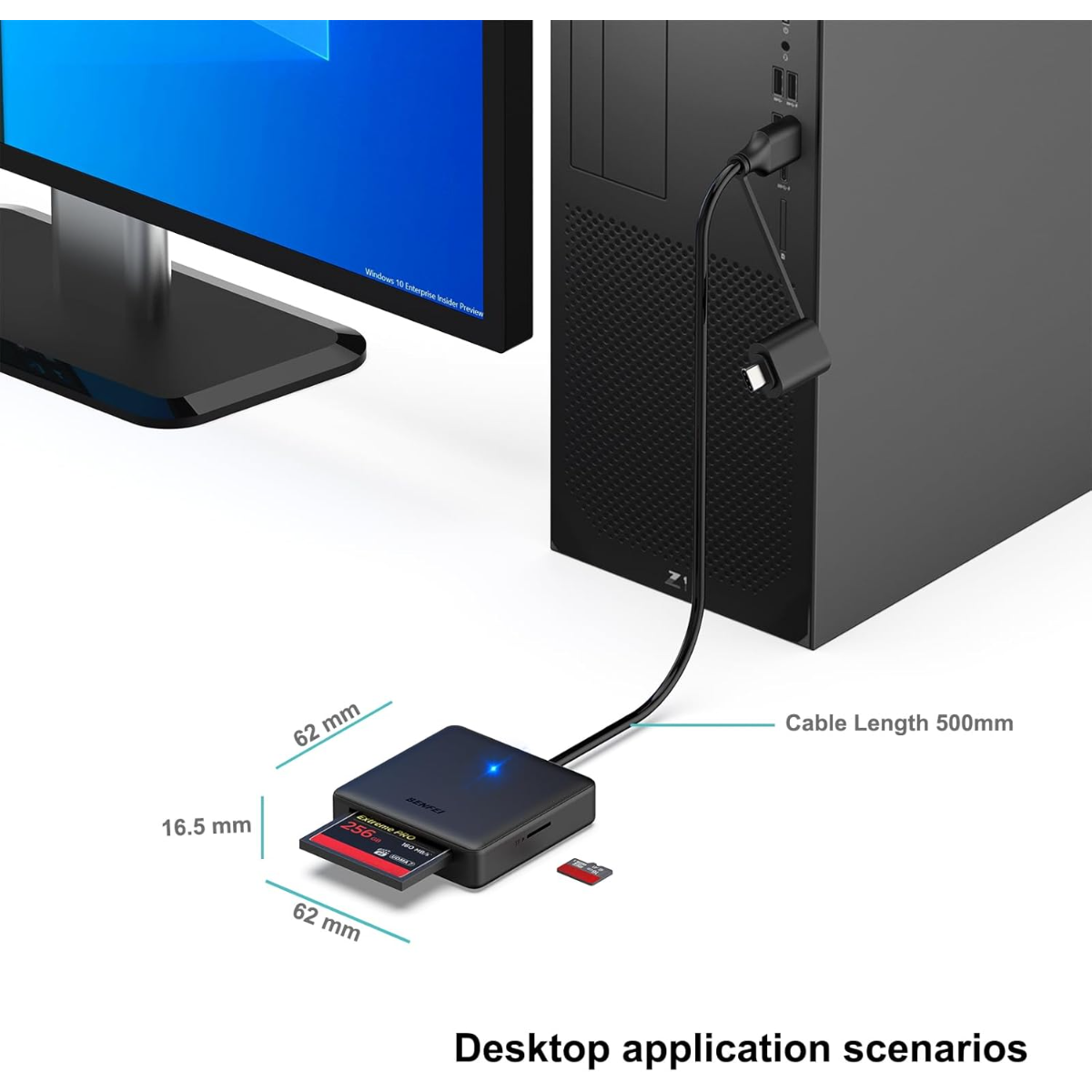 Lector de tarjetas SD conectado a un PC, con tarjeta SD y adaptador en primer plano.