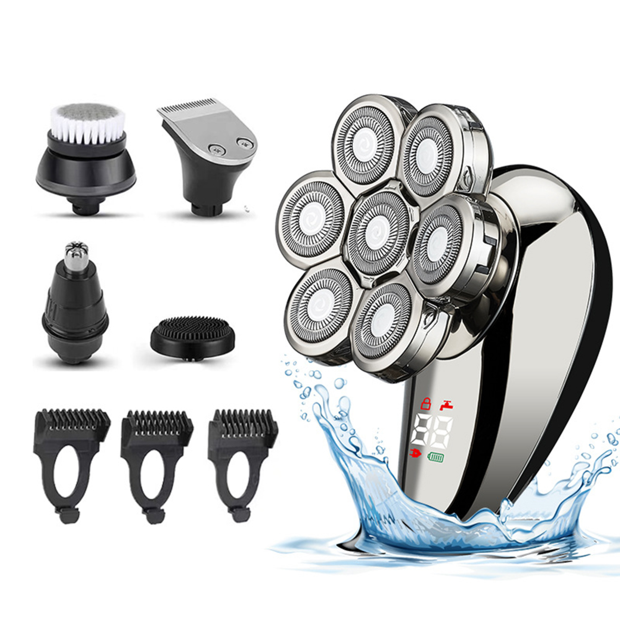 Elektrischer Rasierer mit mehreren Aufsätzen, Reinigungsbürste, Trimmer und Schutzvorrichtungen. Wasserspritzer.