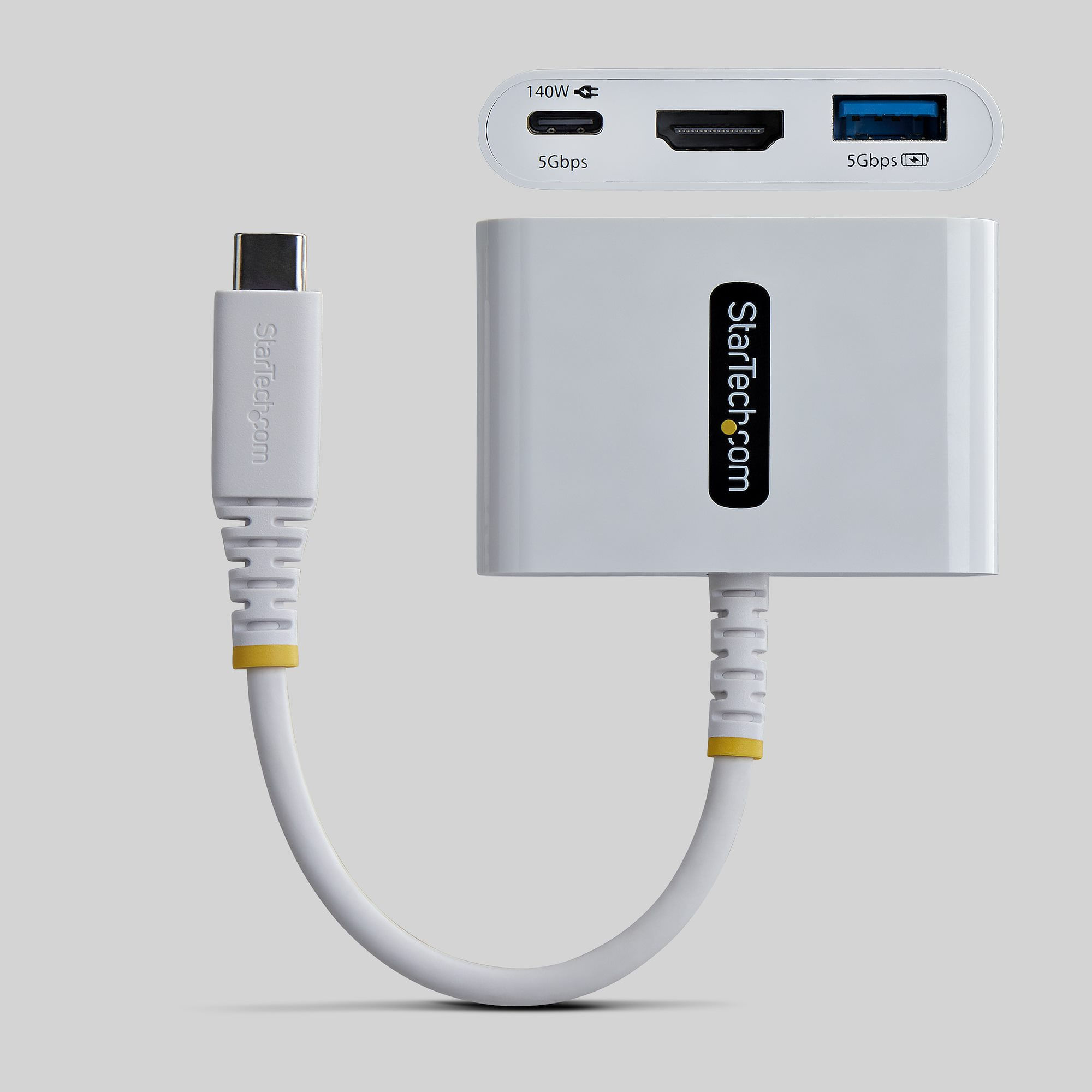 Hub USB-C StarTech.com bianco con porte HDMI, USB-A e Power Delivery.