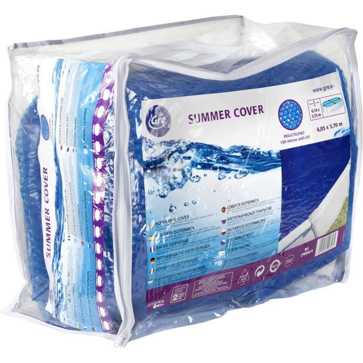 Una copertura per piscina blu è mostrata nella sua confezione trasparente.