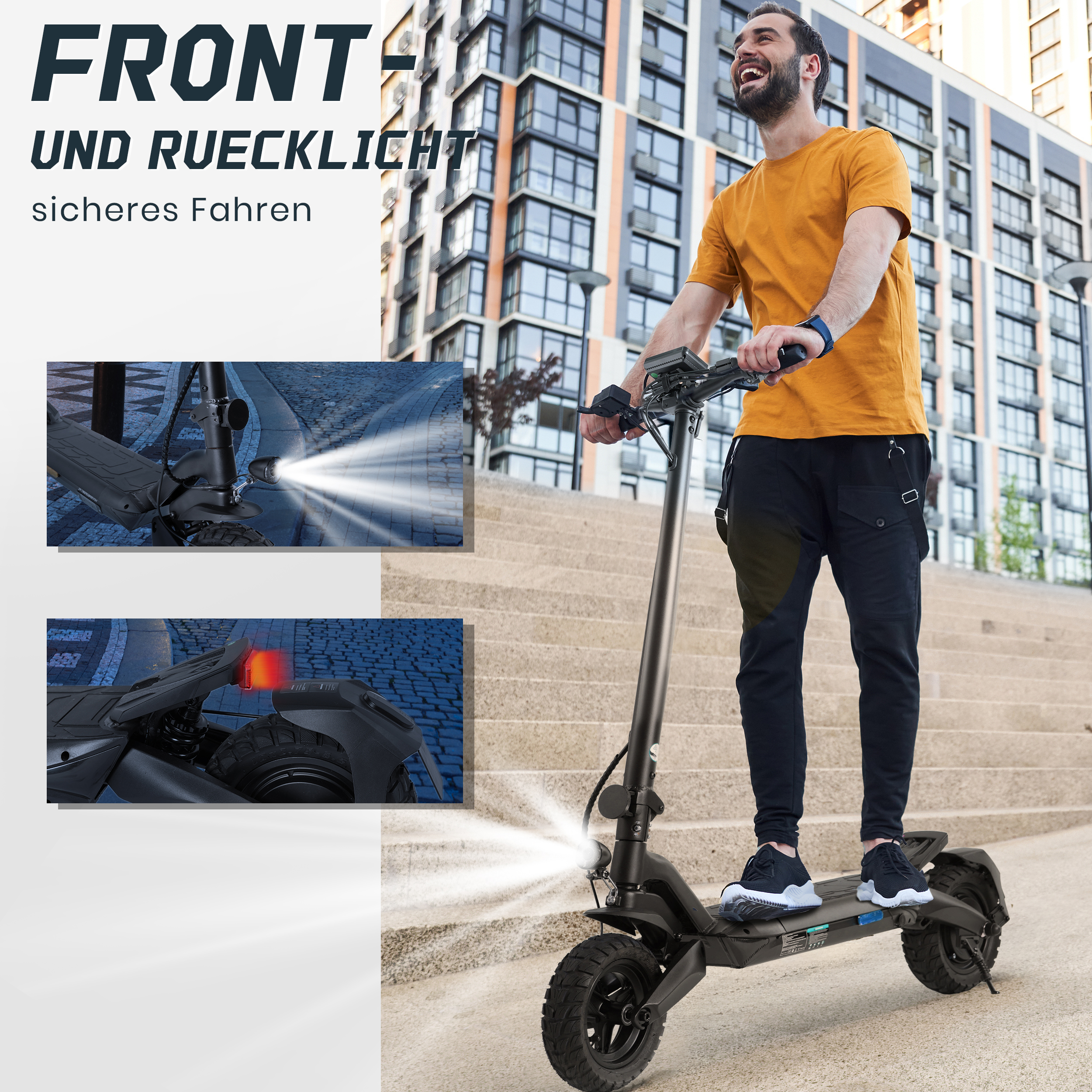 Ein Mann fährt einen E-Scooter mit Vorder- und Rücklicht vor einem modernen Gebäude.