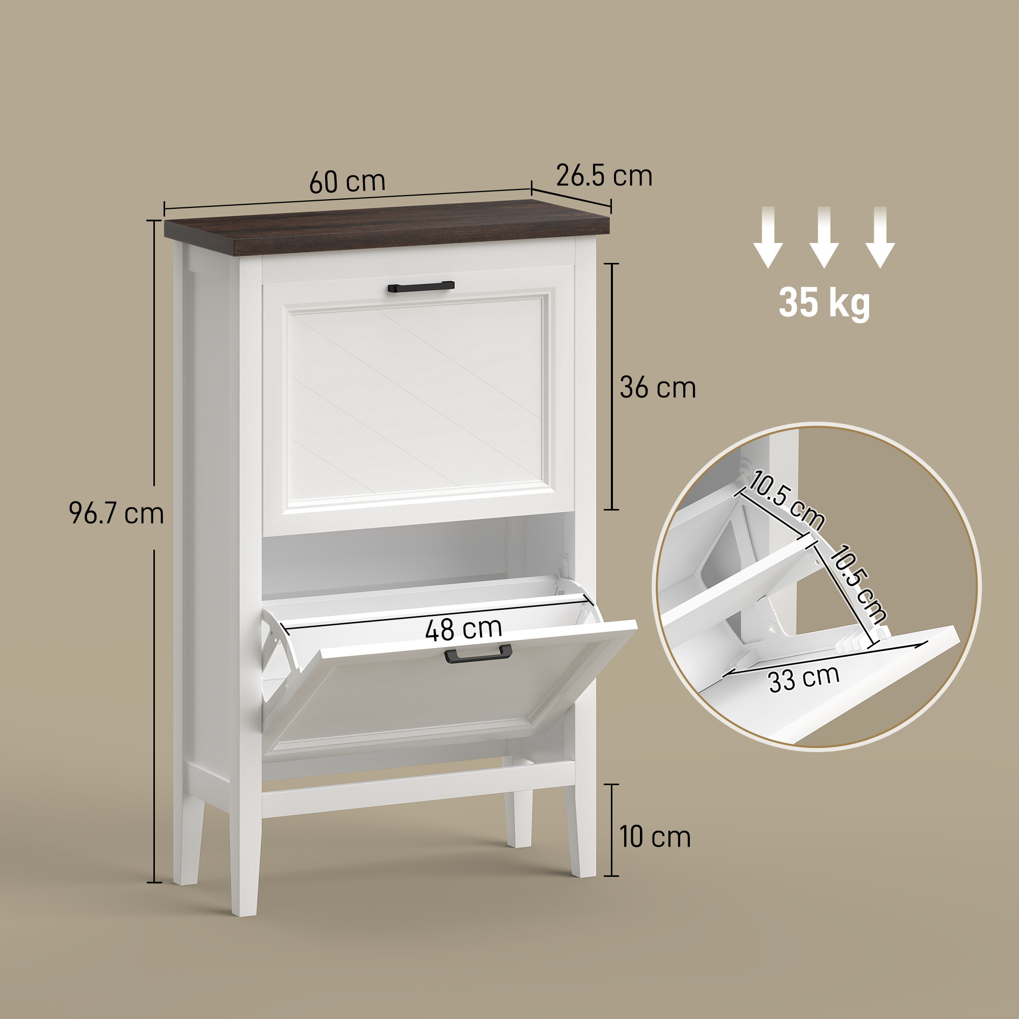 Una scarpiera bianca con accenti in legno, dimensioni e portata di 35 kg.