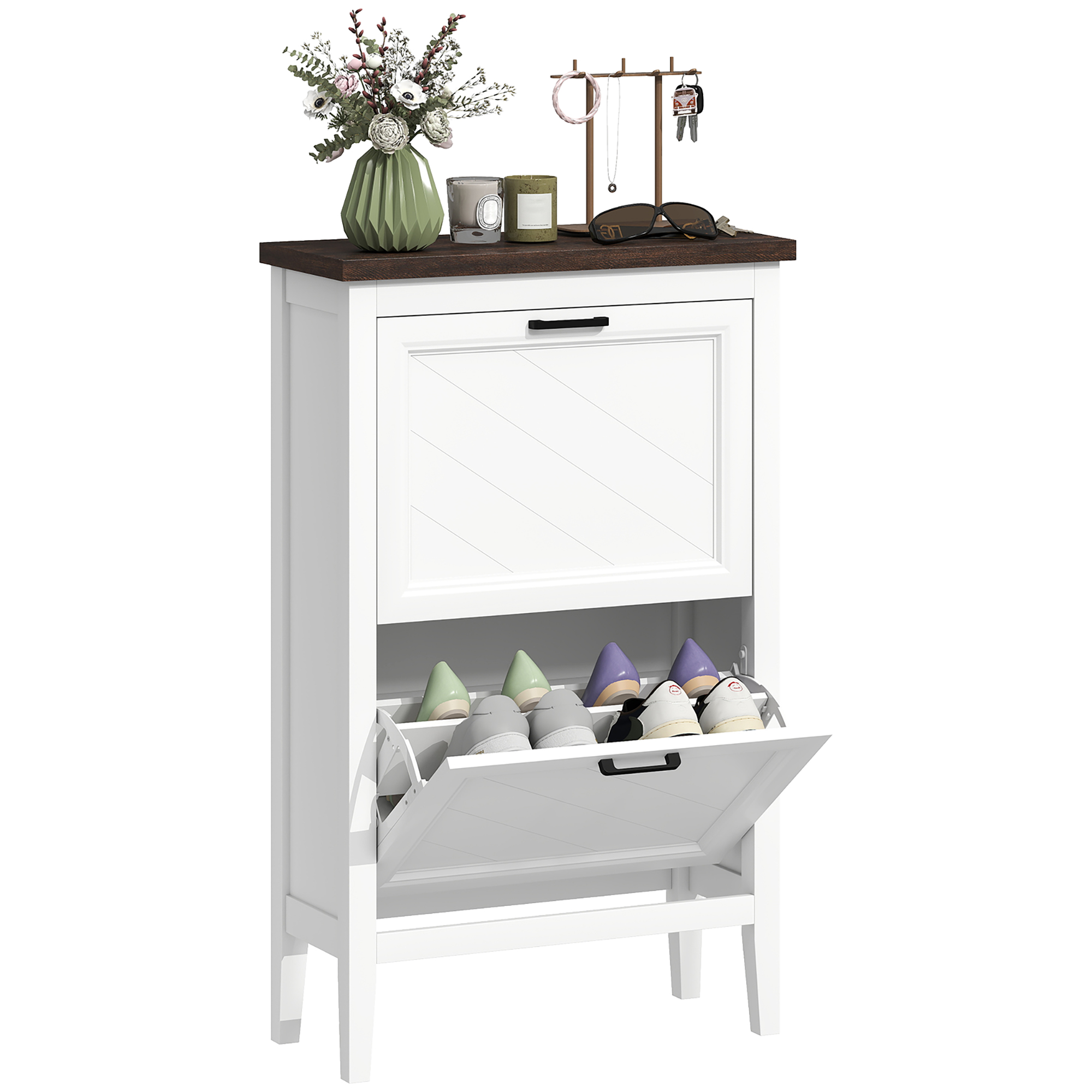 Una scarriera bianca con piano in legno, decorata con fiori, candele, gioielli e occhiali da sole.
