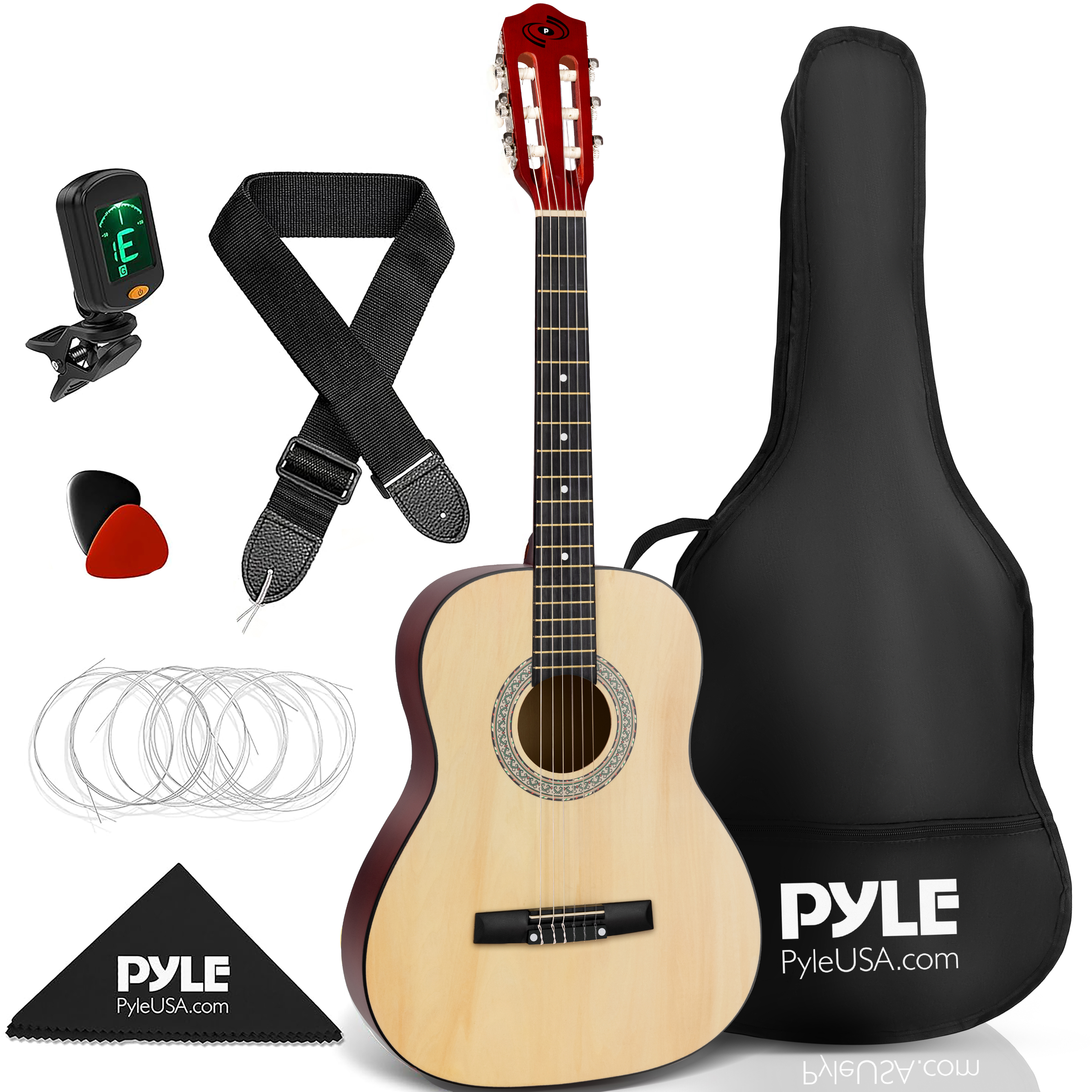 Eine Gitarre mit Zubehör: Stimmgerät, Plektren, Gurt, Saiten, Tuch und Tasche.