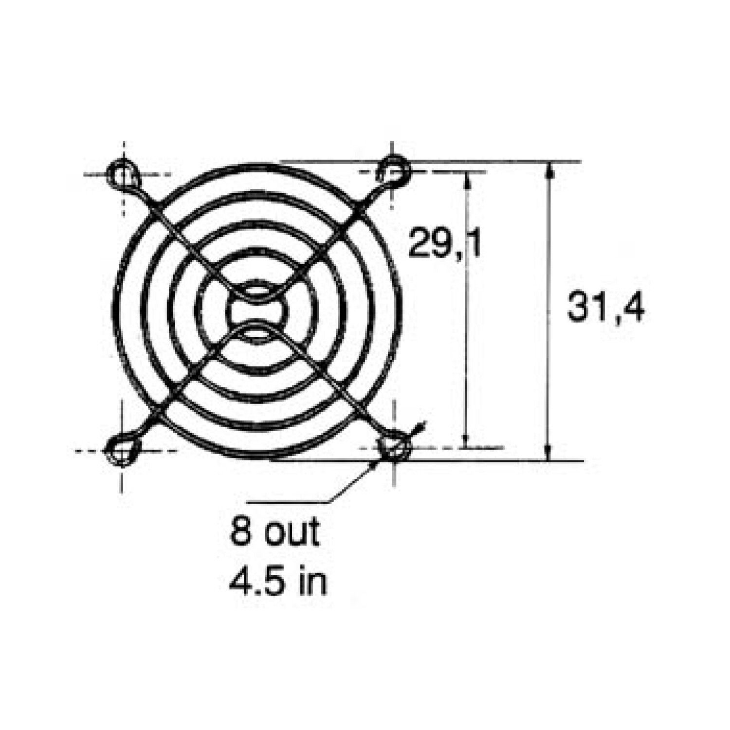 Disegno tecnico di una griglia per ventola con dimensioni.
