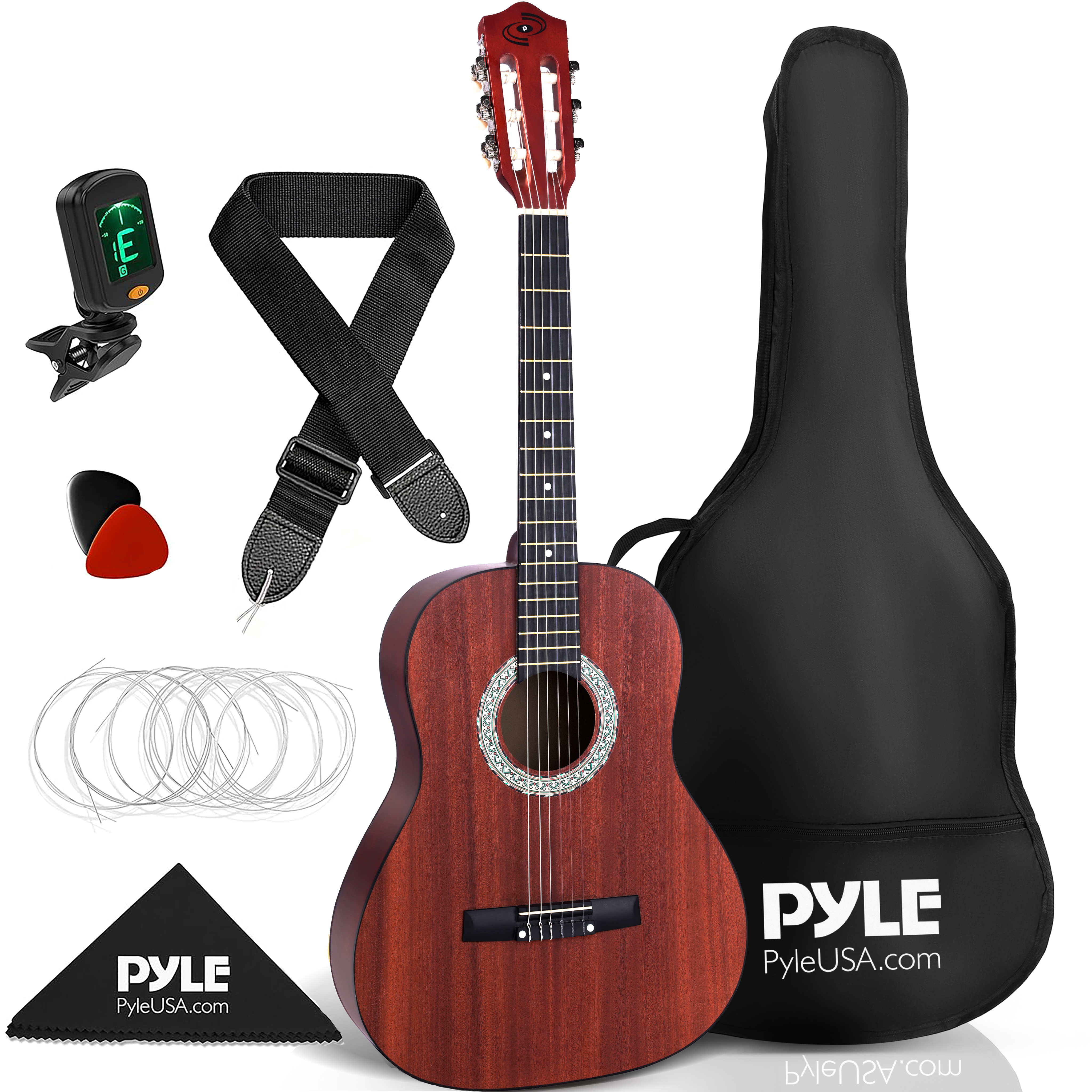 Eine braune Gitarre mit Zubehör: Tasche, Gurt, Plektren, Saiten, Tuch, Stimmgerät.