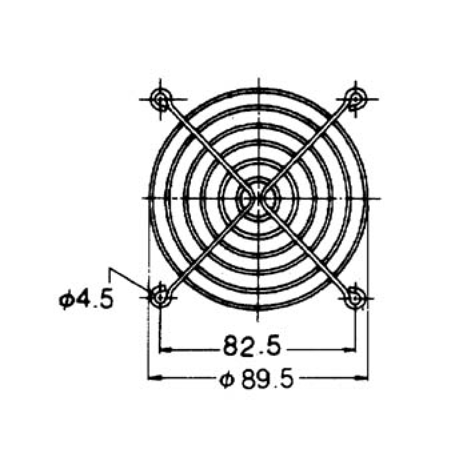 Disegno tecnico di una griglia per ventola con dimensioni in mm.
