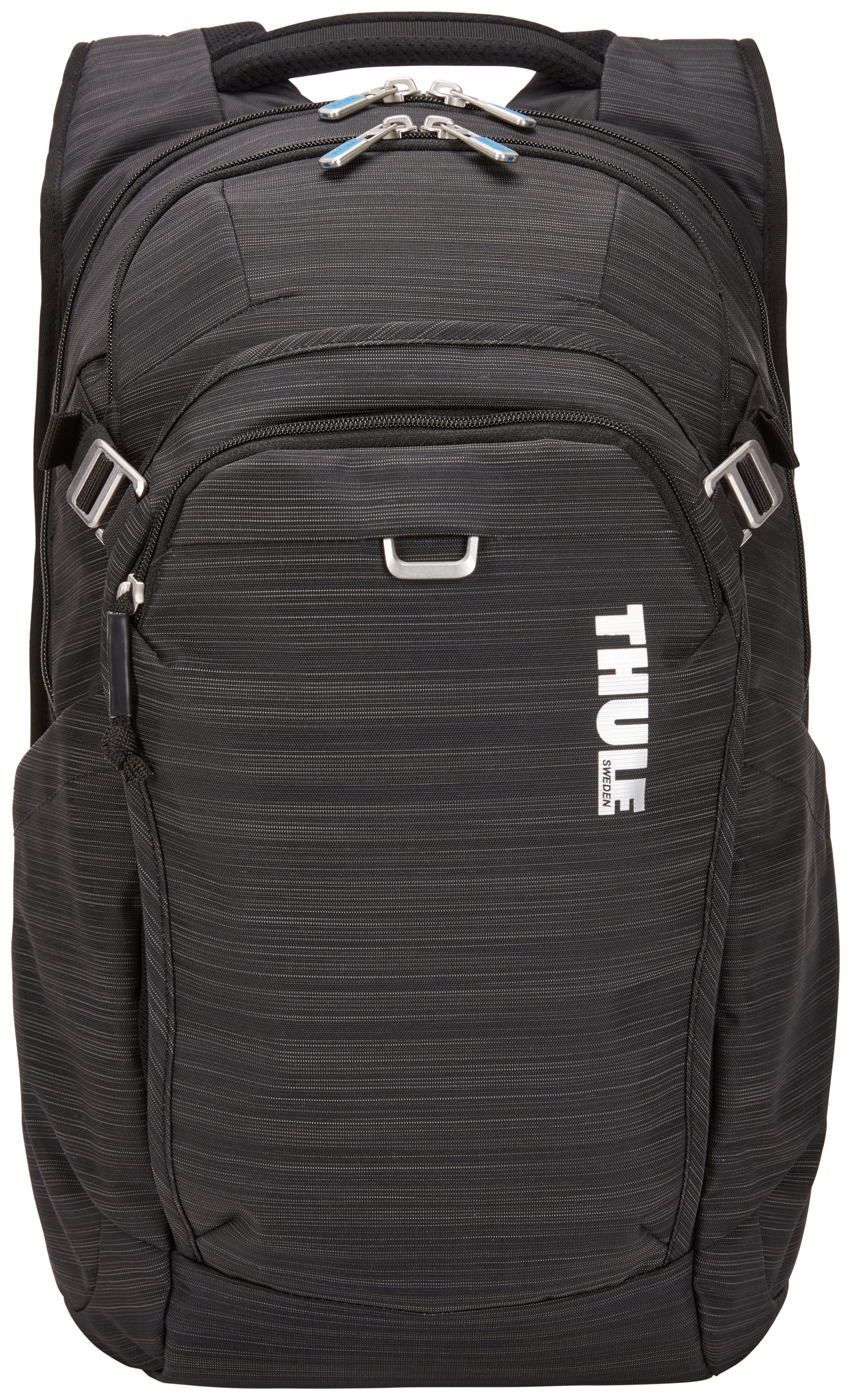 Zaino nero con logo Thule e cerniere argentate.