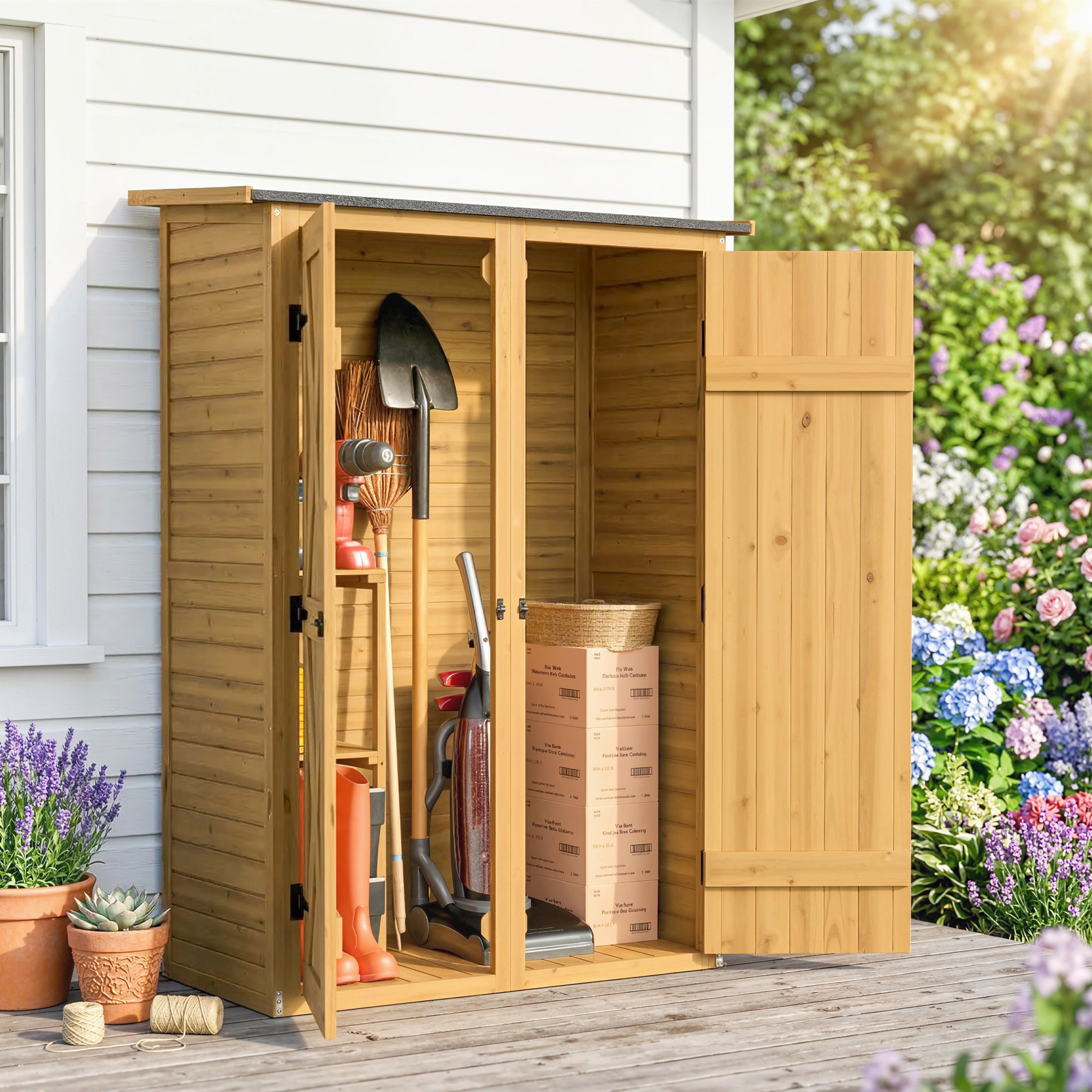 Capanno in legno con attrezzi da giardino, stivali e scatole, fiori vicini.