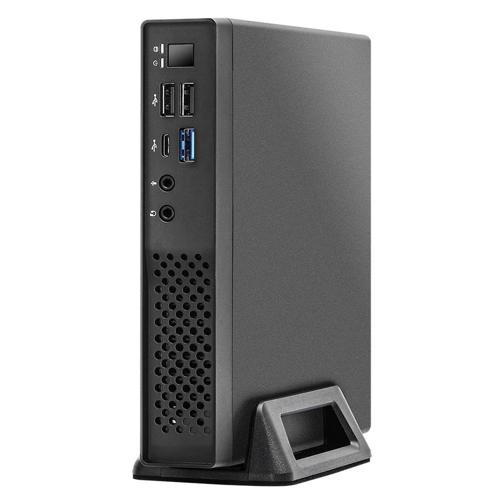 Un mini PC nero con porte e griglia di ventilazione, su un supporto.