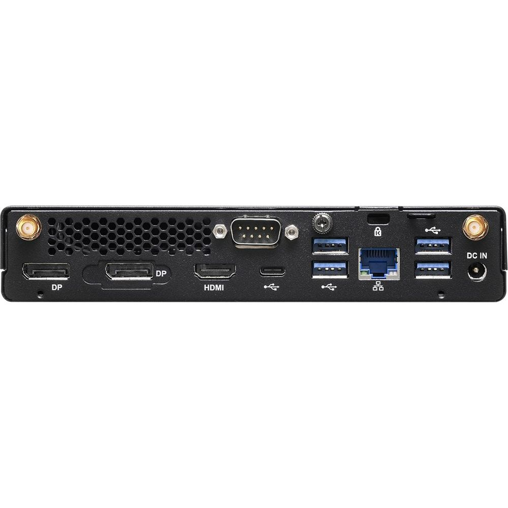 Vista posteriore di un piccolo computer nero con porte: DP, HDMI, USB, LAN, DC IN.