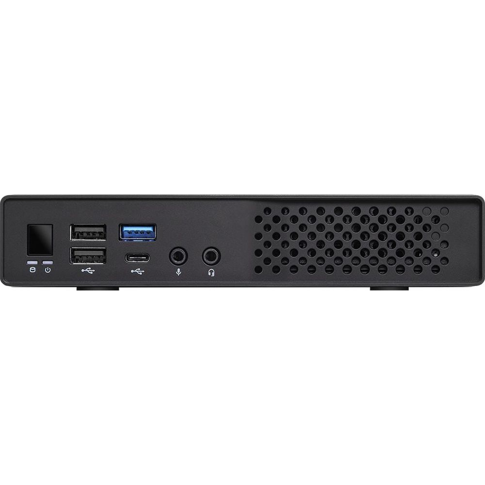 Pannello frontale mini PC nero: pulsante accensione, USB-A, USB-C, jack microfono/cuffie.
