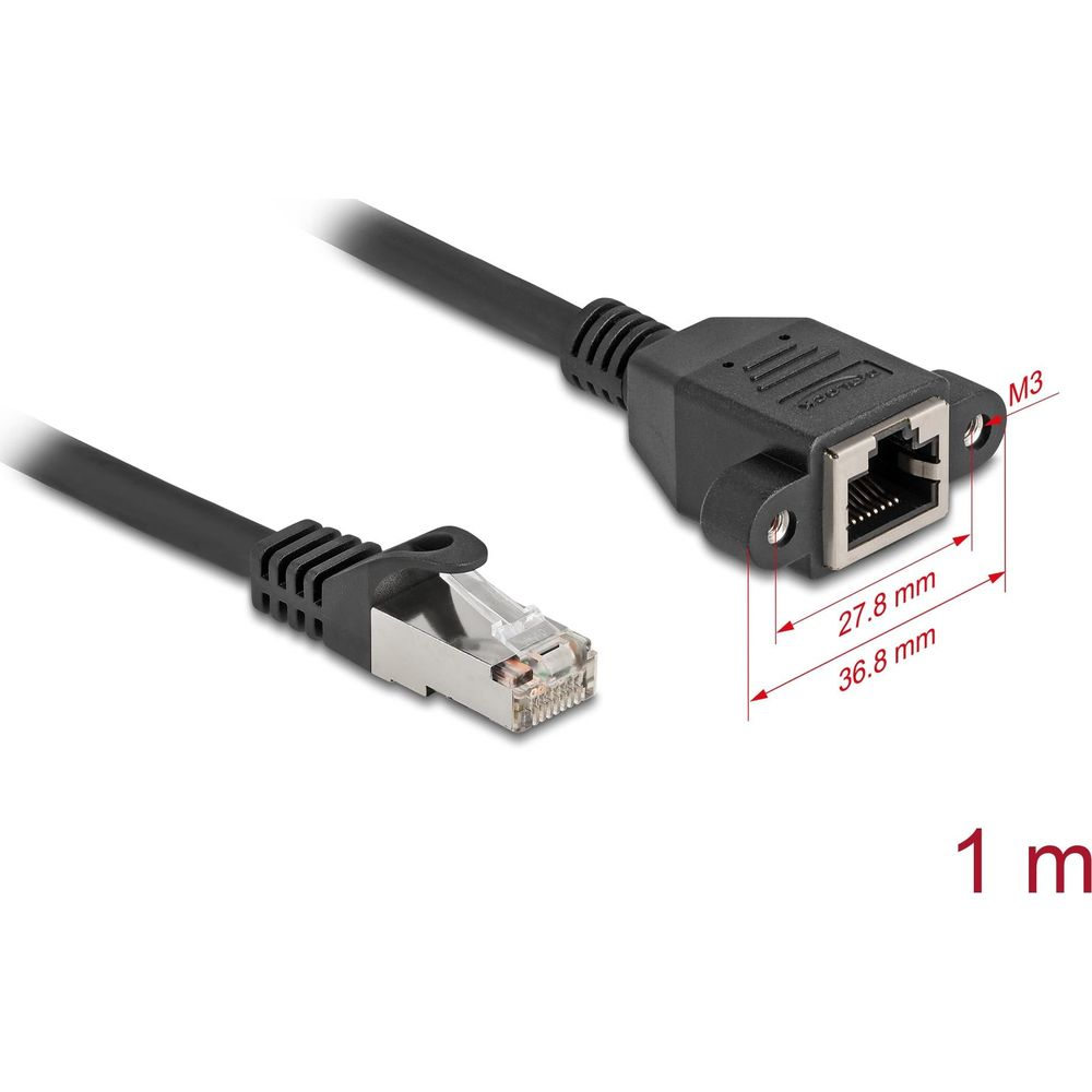 Un cavo Ethernet nero con connettore e presa RJ45, lungo 1 m.
