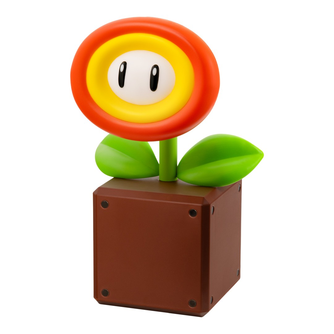 Une fleur orange et jaune avec des yeux est assise sur un bloc marron.