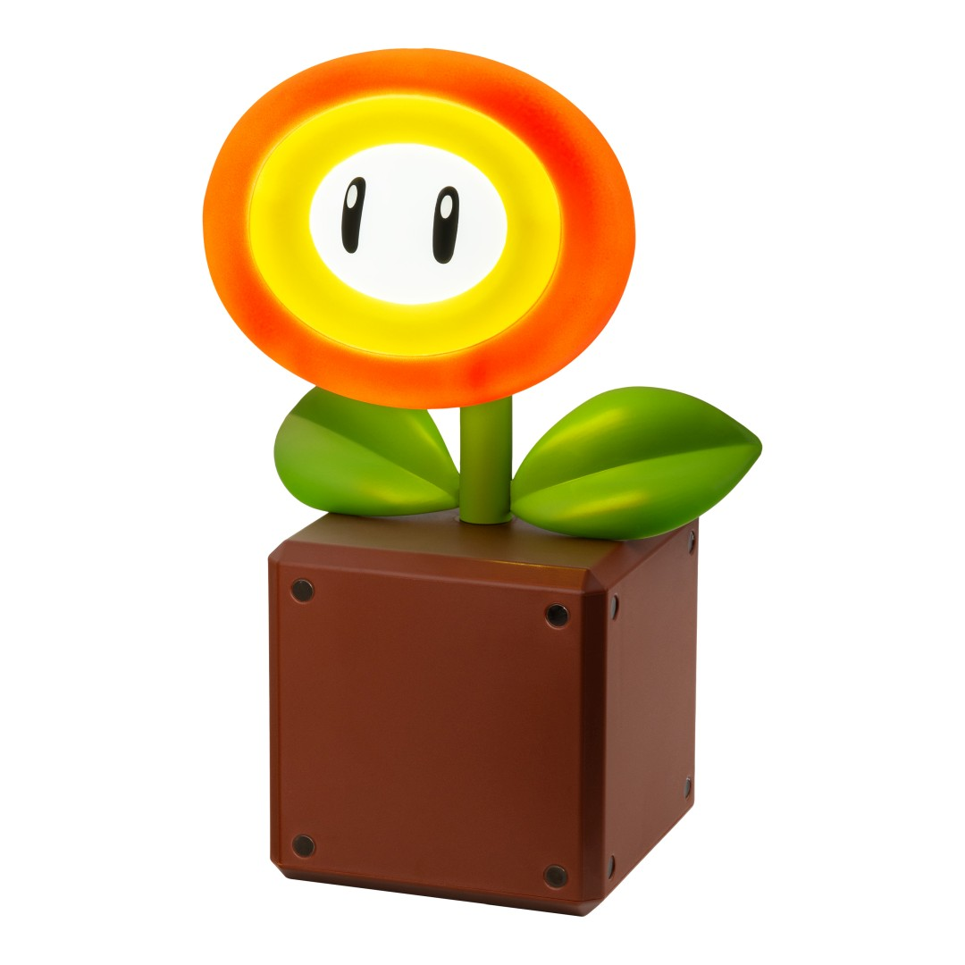 Une Fleur de Feu Super Mario dans un pot marron avec des feuilles vertes.
