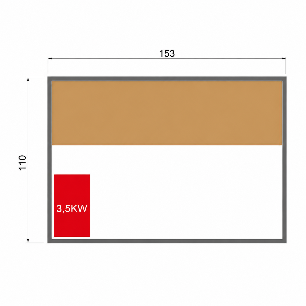 Dibujo técnico con dimensiones 153x110. Un rectángulo rojo con "3,5KW" abajo a la izquierda.