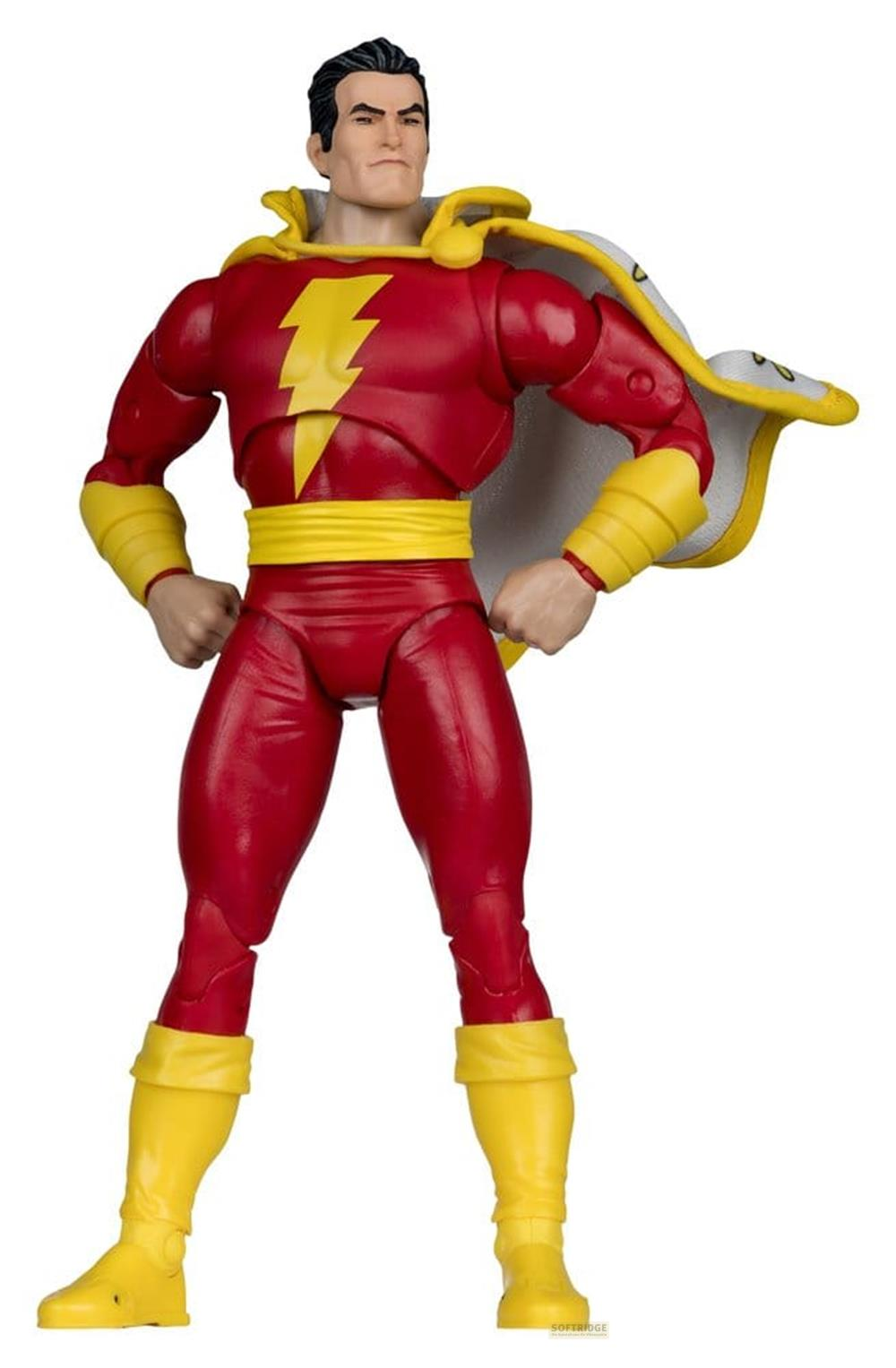 Actionfigur von Shazam in rotem Anzug, gelbem Gürtel und gelben Stiefeln.