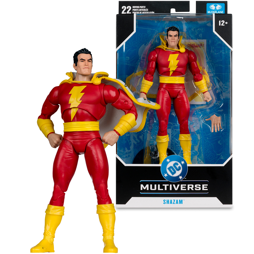 Eine Shazam-Actionfigur in Rot und Gelb steht neben ihrer Verpackung.