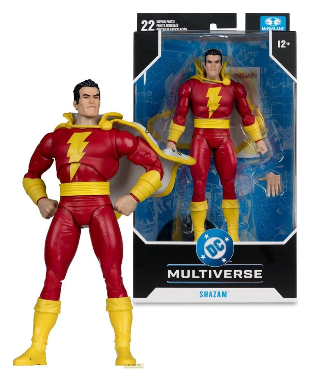 Shazam-Actionfigur im roten und gelben Kostüm mit Umhang, in Verpackung.