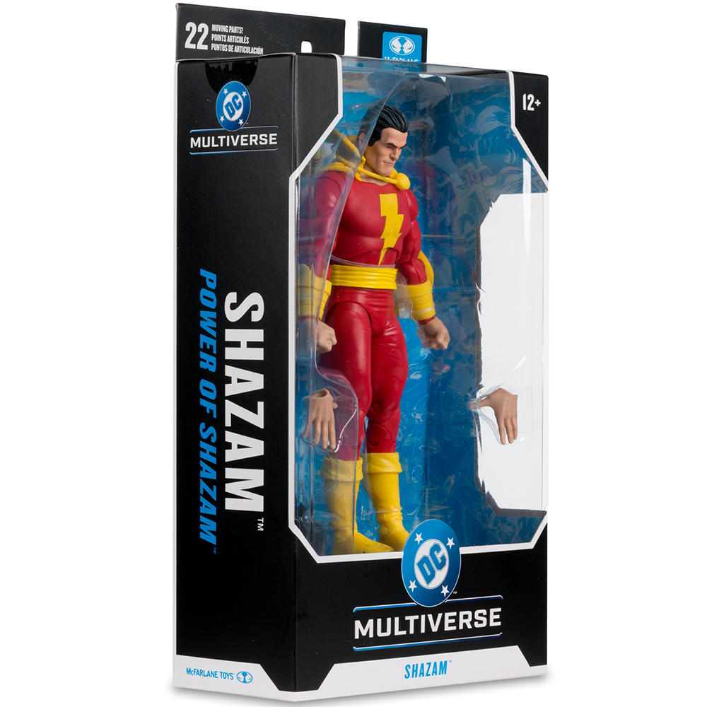 Shazam-Actionfigur in rotem Kostüm mit gelben Akzenten, verpackt in einer Blisterpackung.