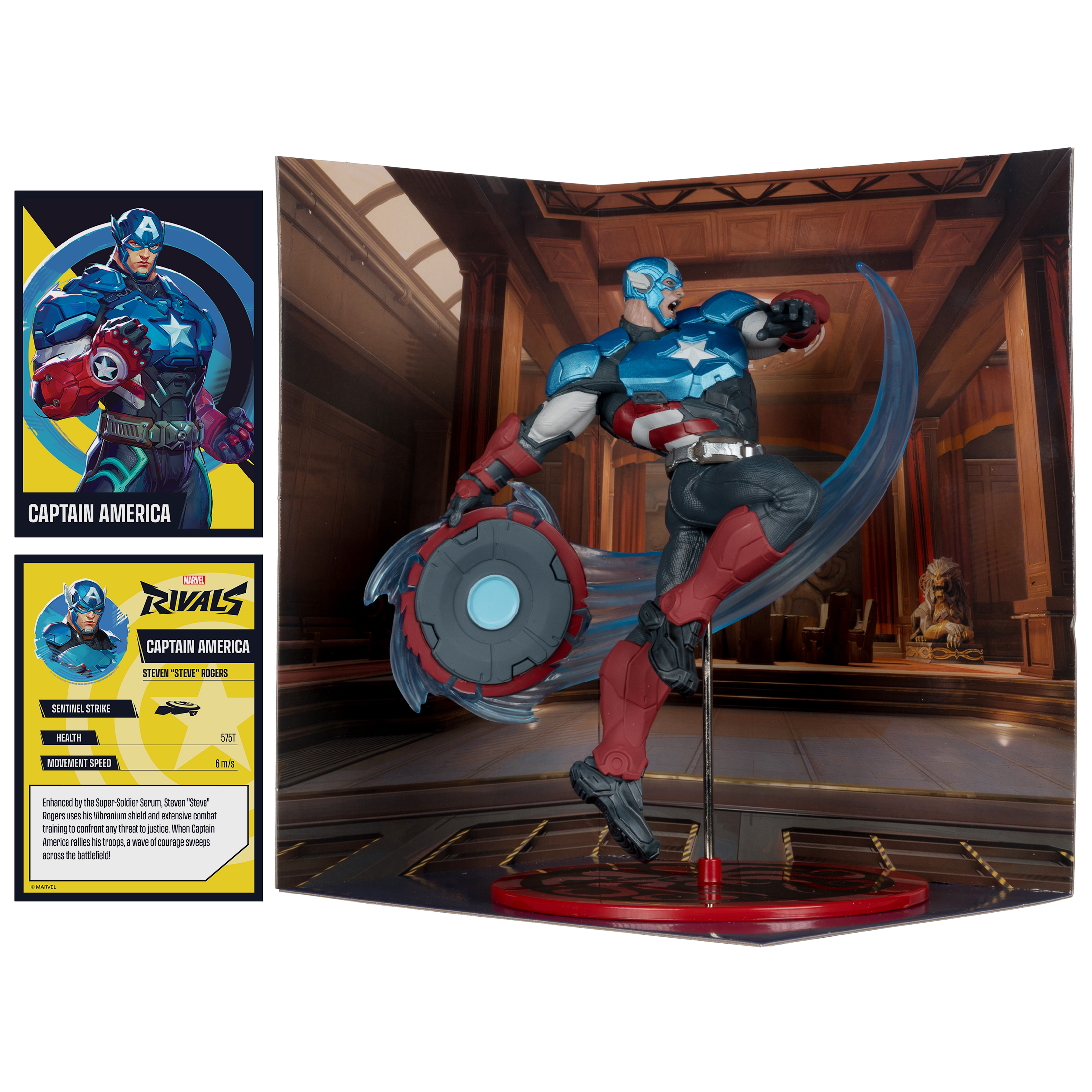 Captain America Figur in einem futuristischen Kampfanzug mit Schild in einer Lobby.