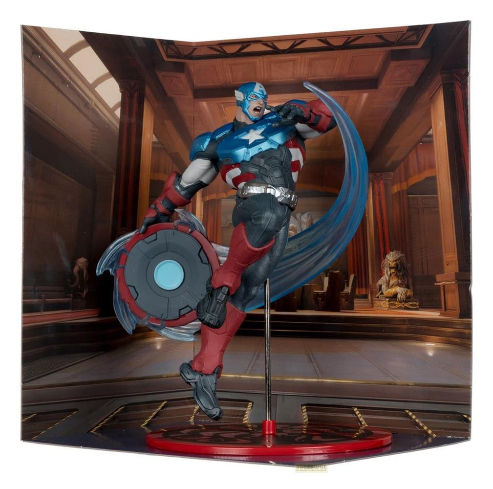 Captain America Figur in dynamischer Pose, hält Schild mit blauer Energie, detailliertes Kostüm.