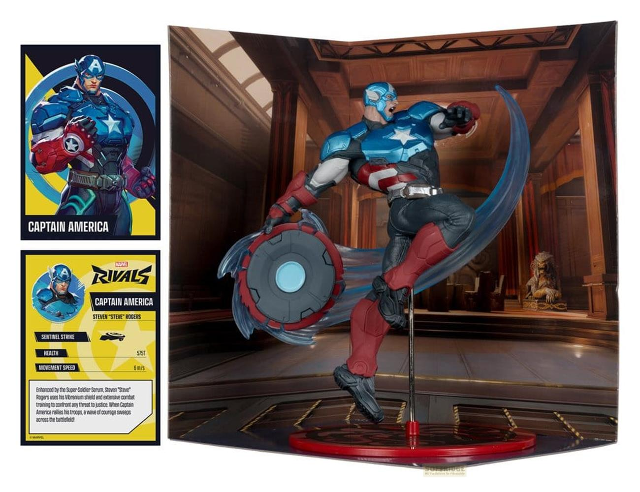 Captain America Figur in Aktion mit Schild, im Hintergrund ein Innenraum.