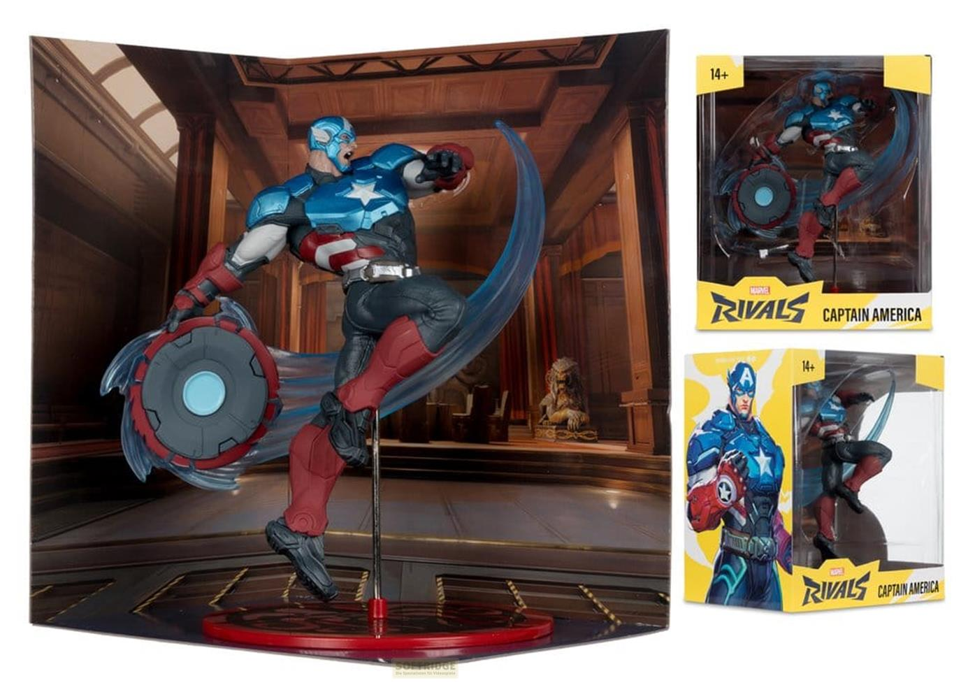 Captain America-Figur in Actionpose mit Schild, im Karton.