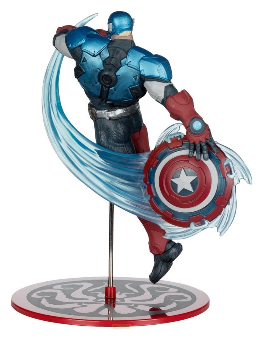 Captain America Figur im Kampf, mit Schild und blauer Energie.