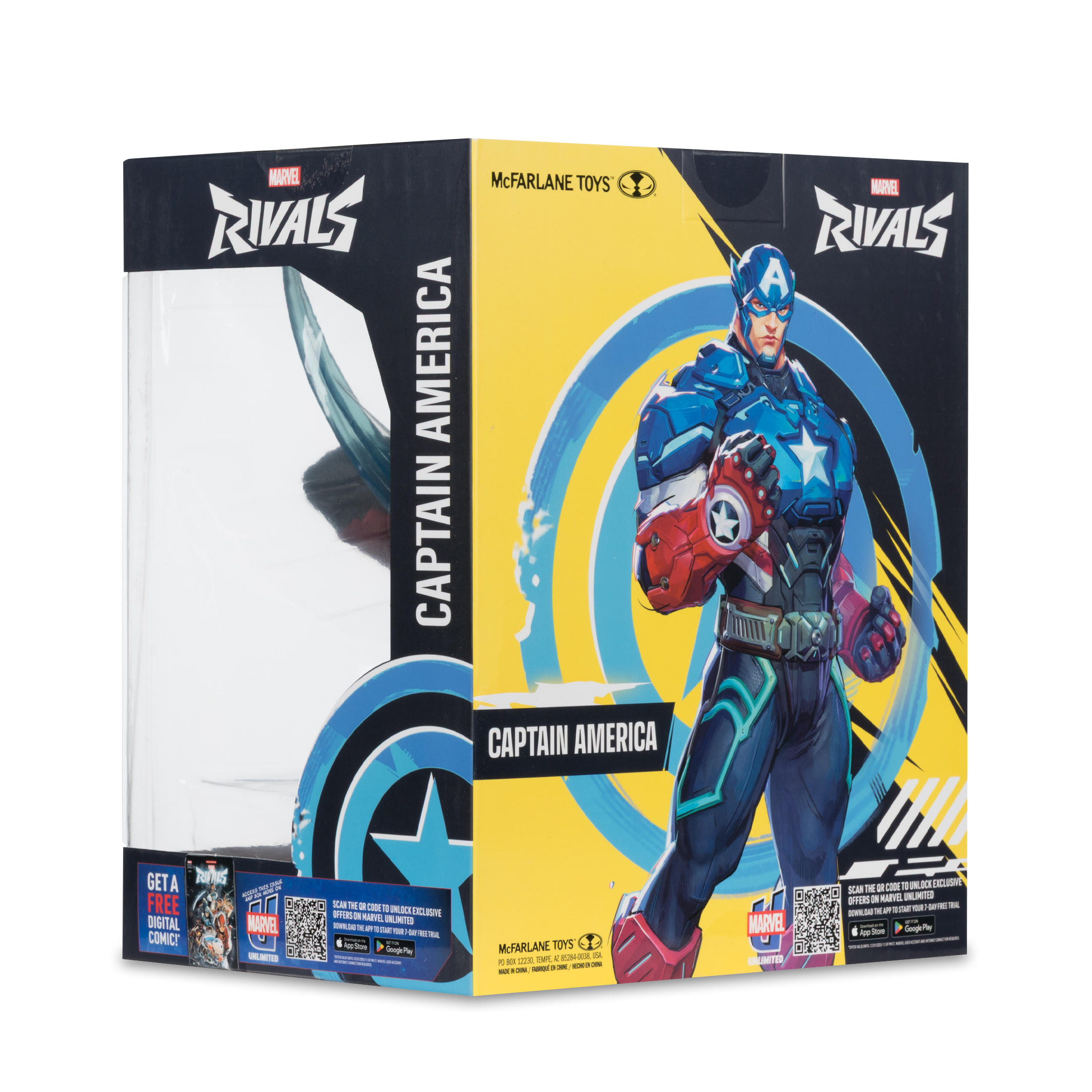 Captain America-Spielzeugverpackung mit Comic-Angebot und QR-Code.