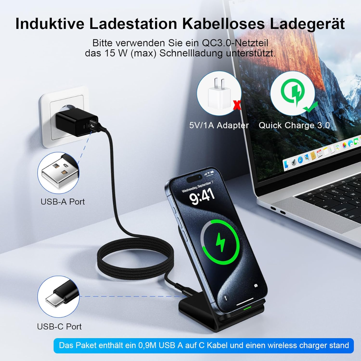 Cargador inalámbrico con USB-A, USB-C y portátil. Muestra un iPhone en soporte.