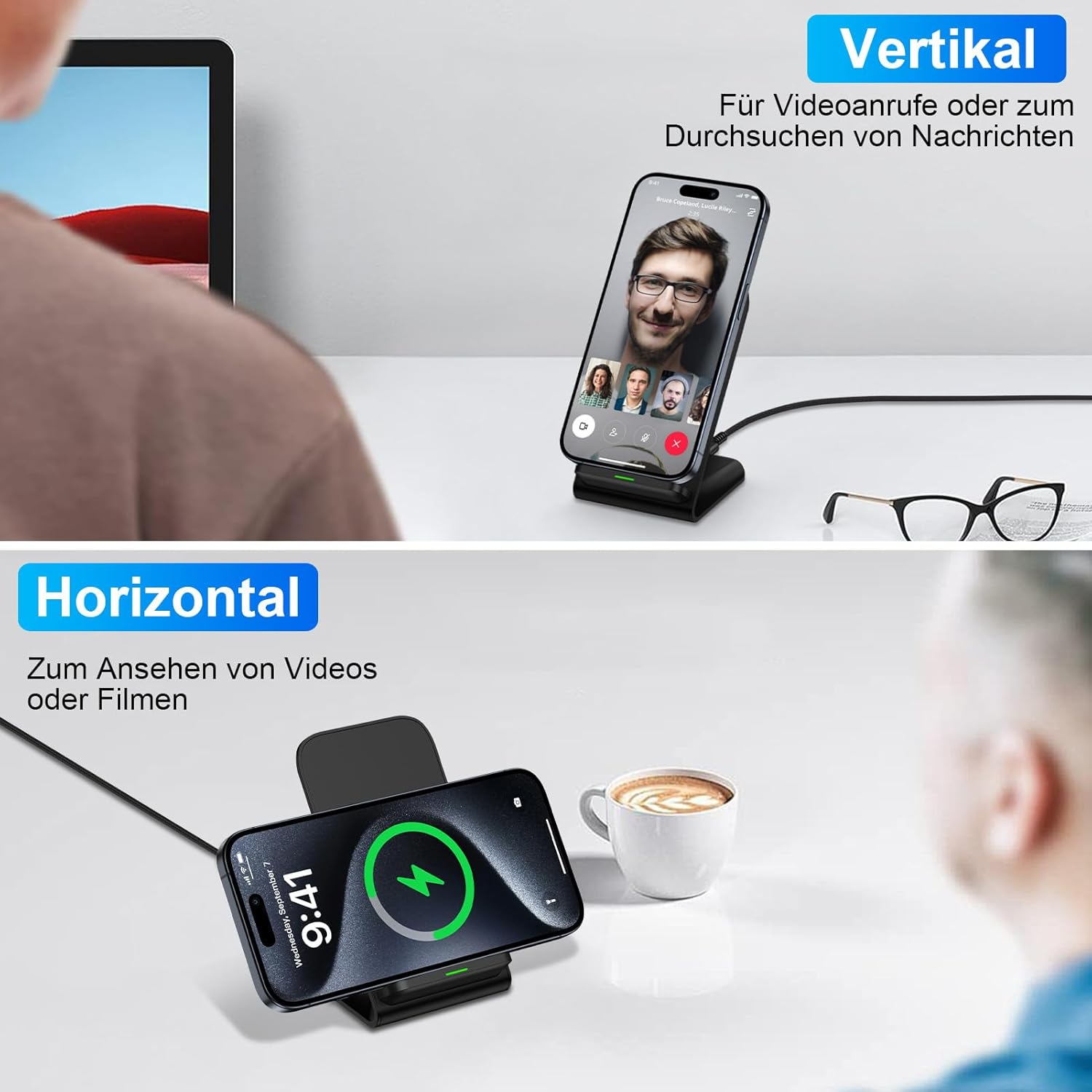 Un teléfono carga vertical y horizontalmente en una base de carga, con una taza de café.