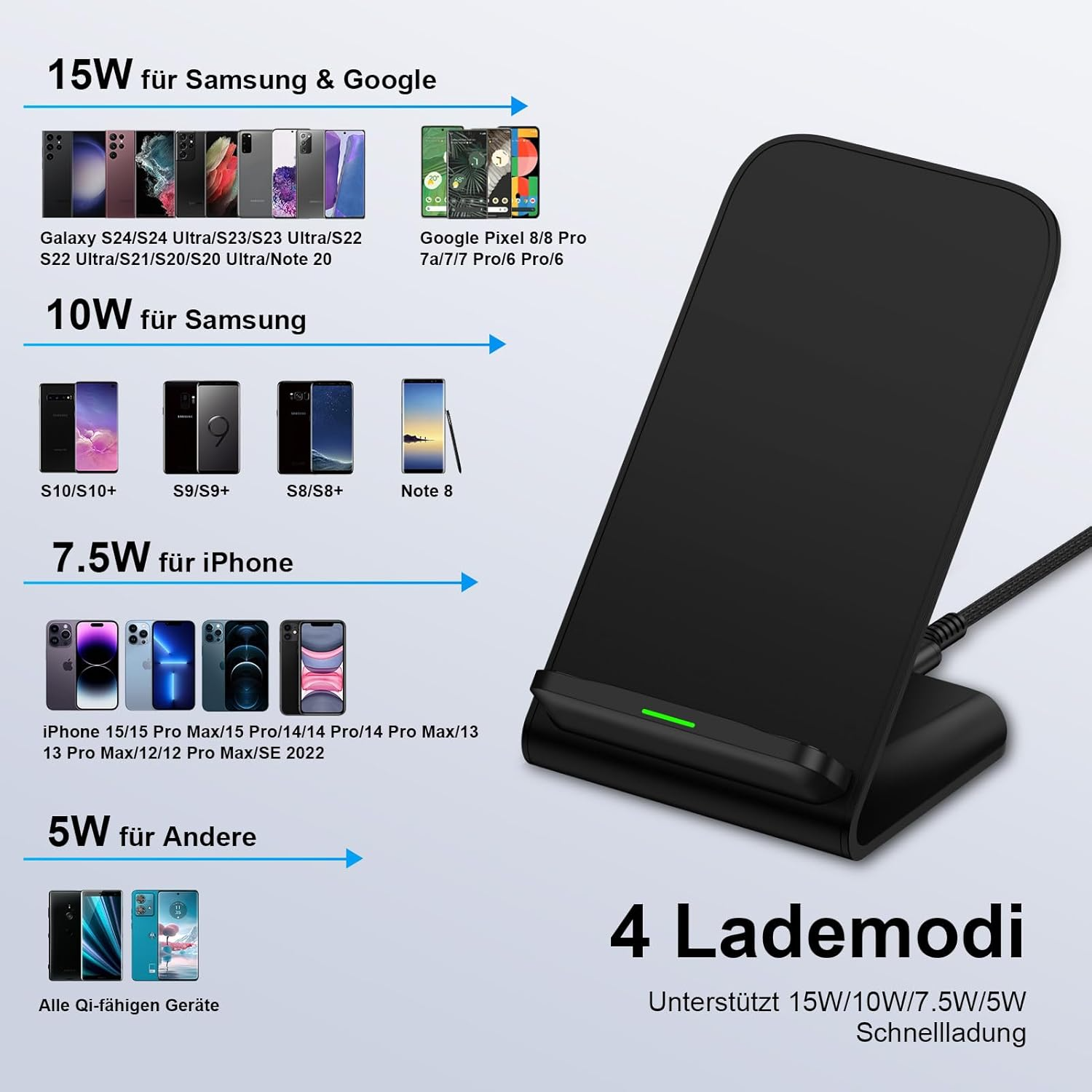 Base de carga negra para smartphones con varios modelos compatibles.