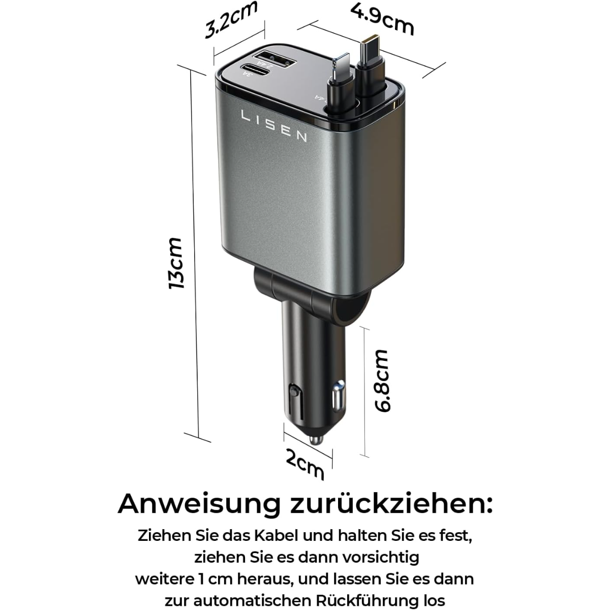 Grauer Lisen-Autoladegerät mit zwei USB-Anschlüssen und integrierten Kabeln.