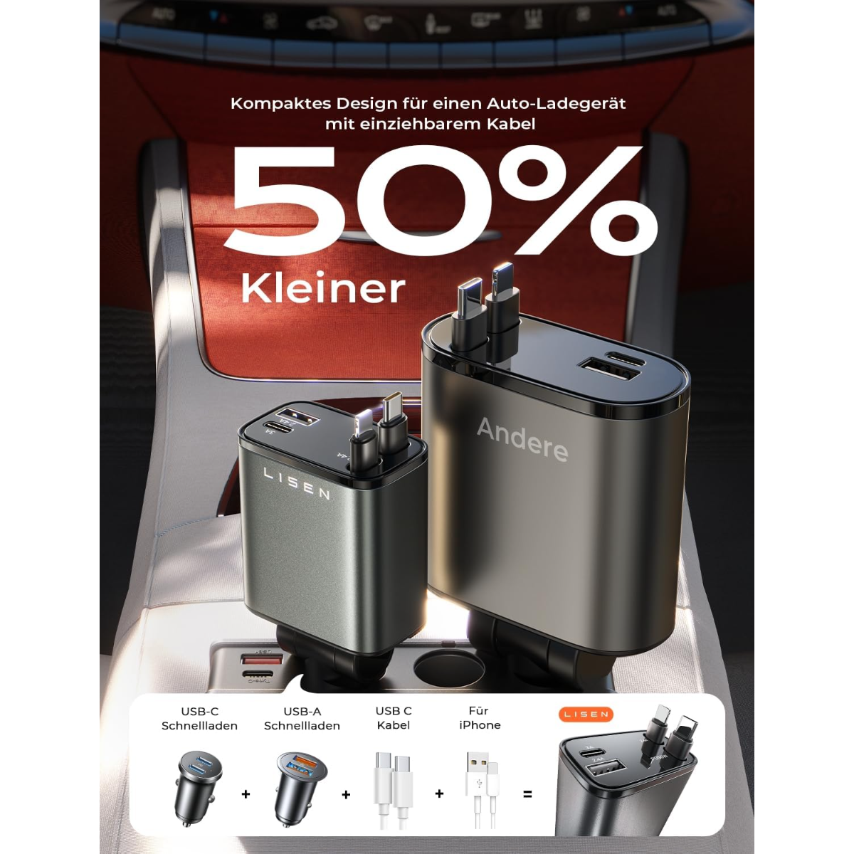 Zwei LISEN Auto-Ladegeräte, eins kleiner, mit USB-C und USB-A Anschlüssen.