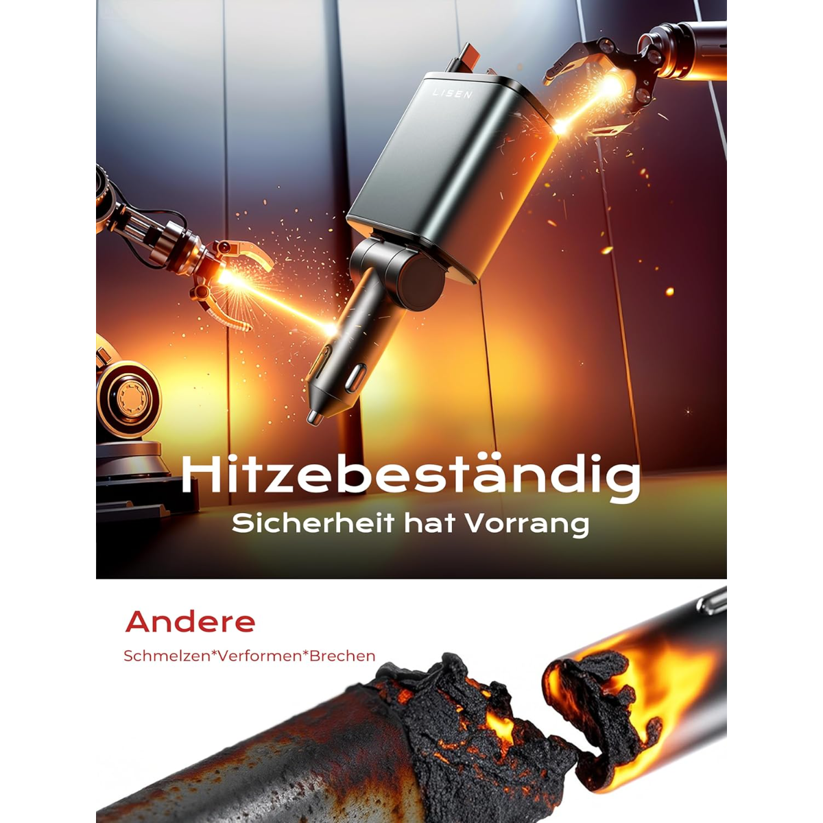 Roboterarme testen Hitzebeständigkeit an Autoladegerät mit Funkenflug.