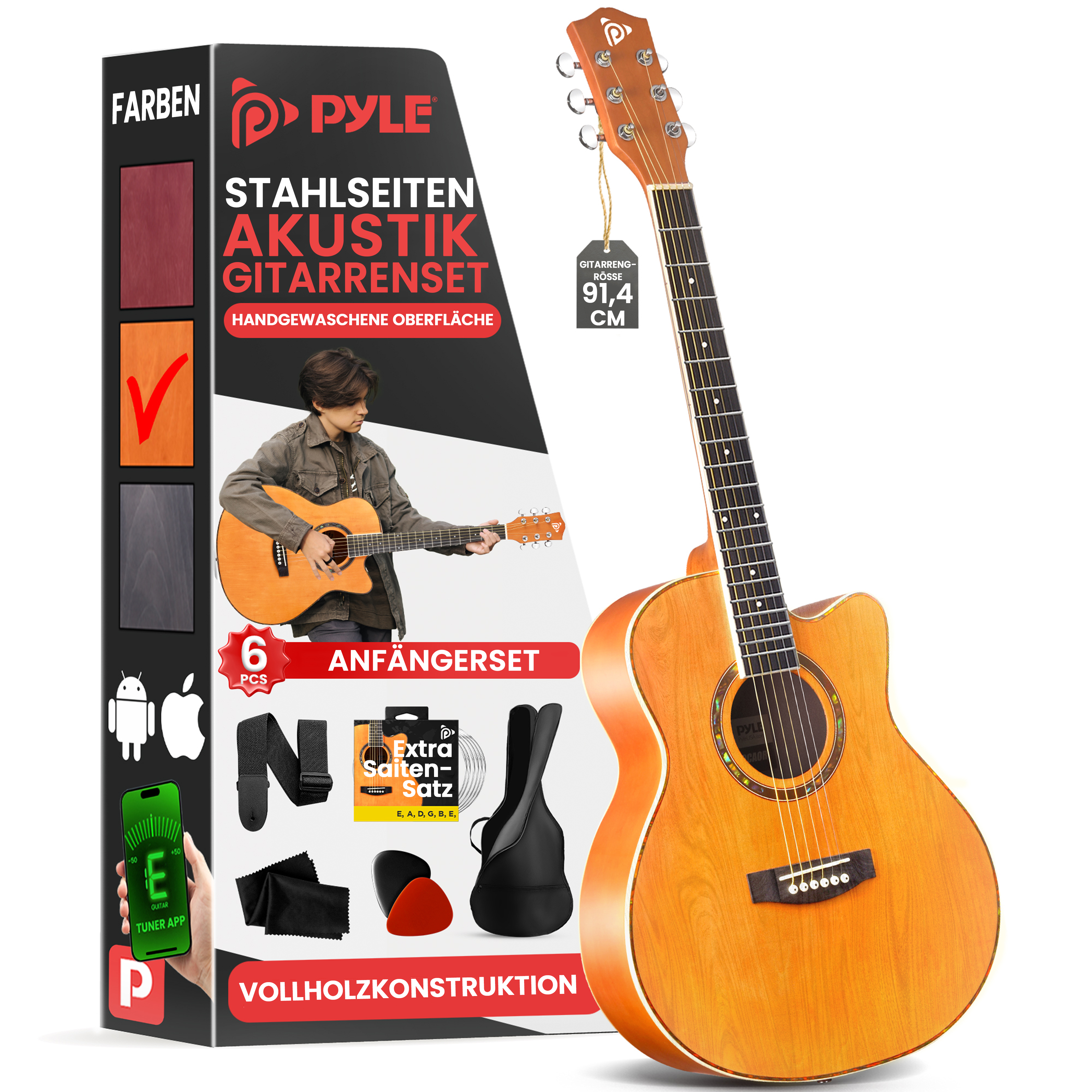 Ein Gitarrenset mit Akustikgitarre, Zubehör und einer Verpackung.
