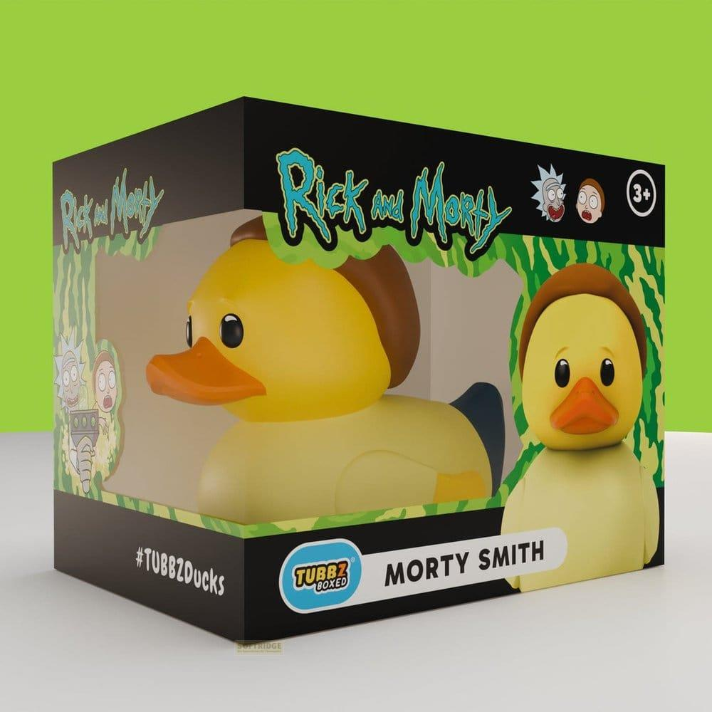 Eine gelbe Rick and Morty Badeente im Karton, die Morty Smith darstellt.