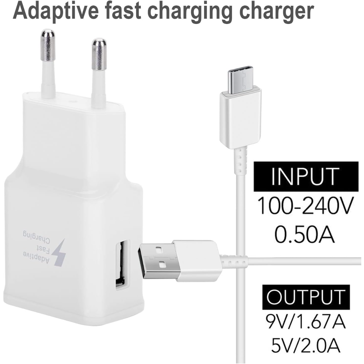 Ein weißer Schnellladegerät mit USB-A- und USB-C-Kabel und Eingangs-/Ausgangsspezifikationen.