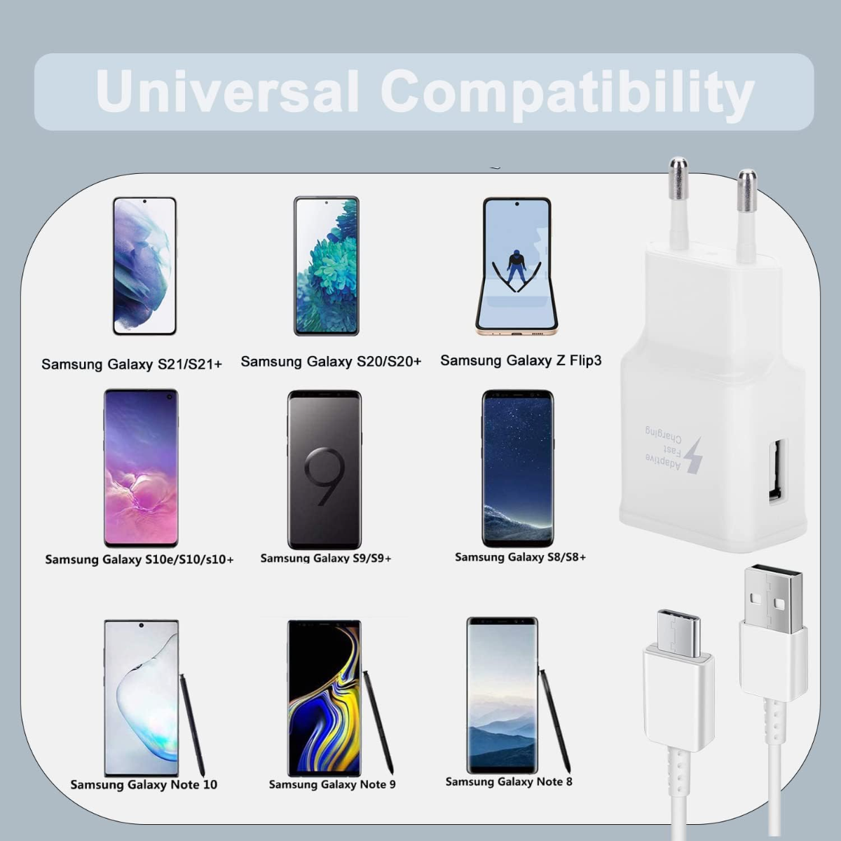 Samsung-Handys und Schnellladegerät. Verschiedene Modelle gezeigt.