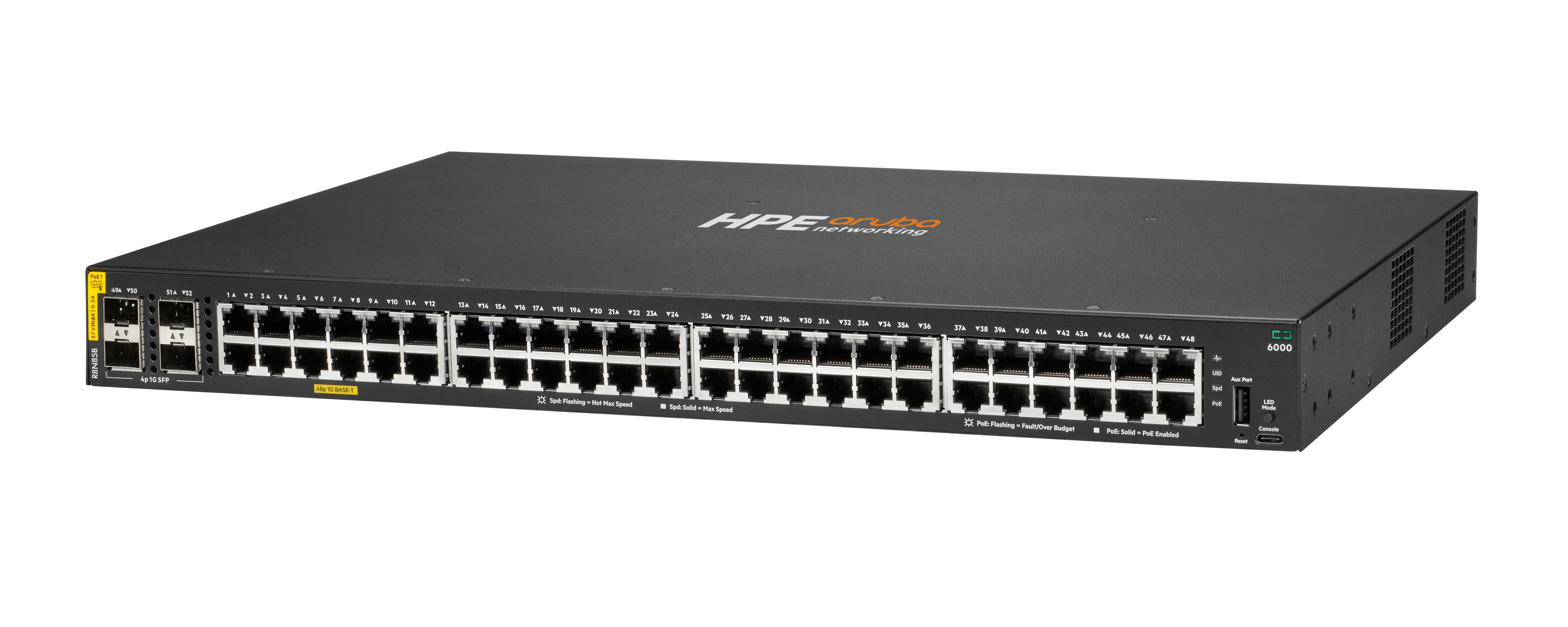 Uno switch di rete nero con 48 porte Ethernet e 4 porte SFP.