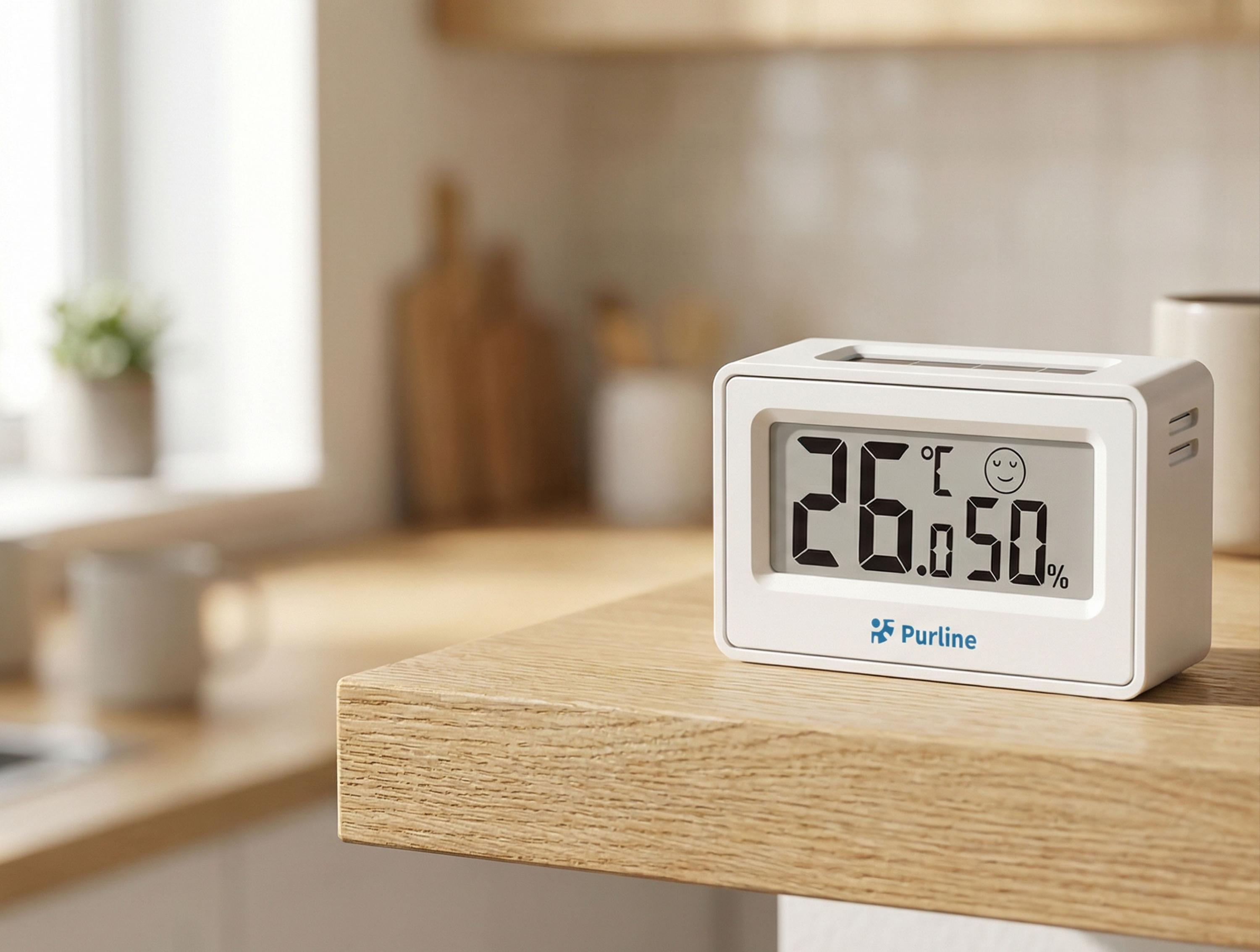 Un termómetro e higrómetro digital blanco muestra 26,5°C y 50% de humedad.