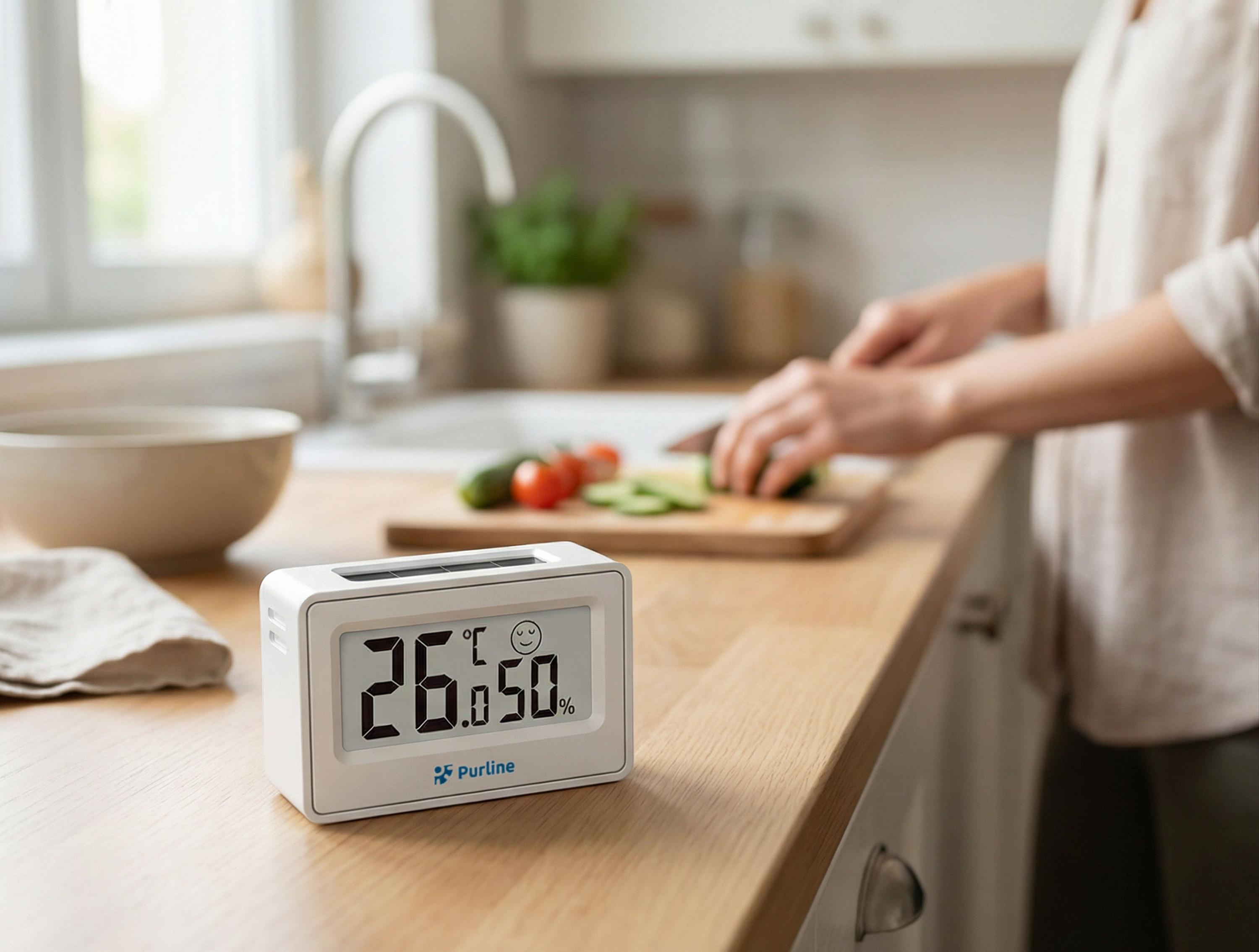 Un termómetro blanco muestra 26°C y 50% de humedad. Una persona corta verduras en una cocina.