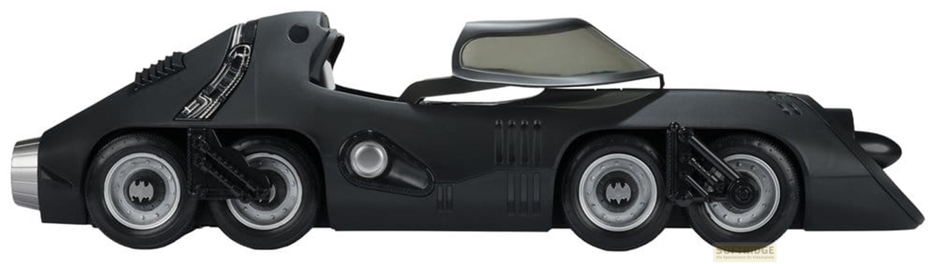 Schwarzes Batmobil mit sechs Rädern und getöntem Verdeck.