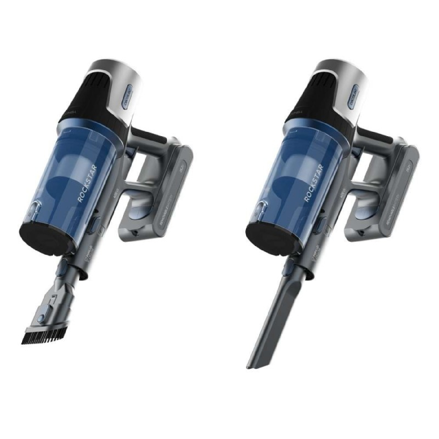 Due aspirapolvere senza fili con contenitori blu e diversi accessori.