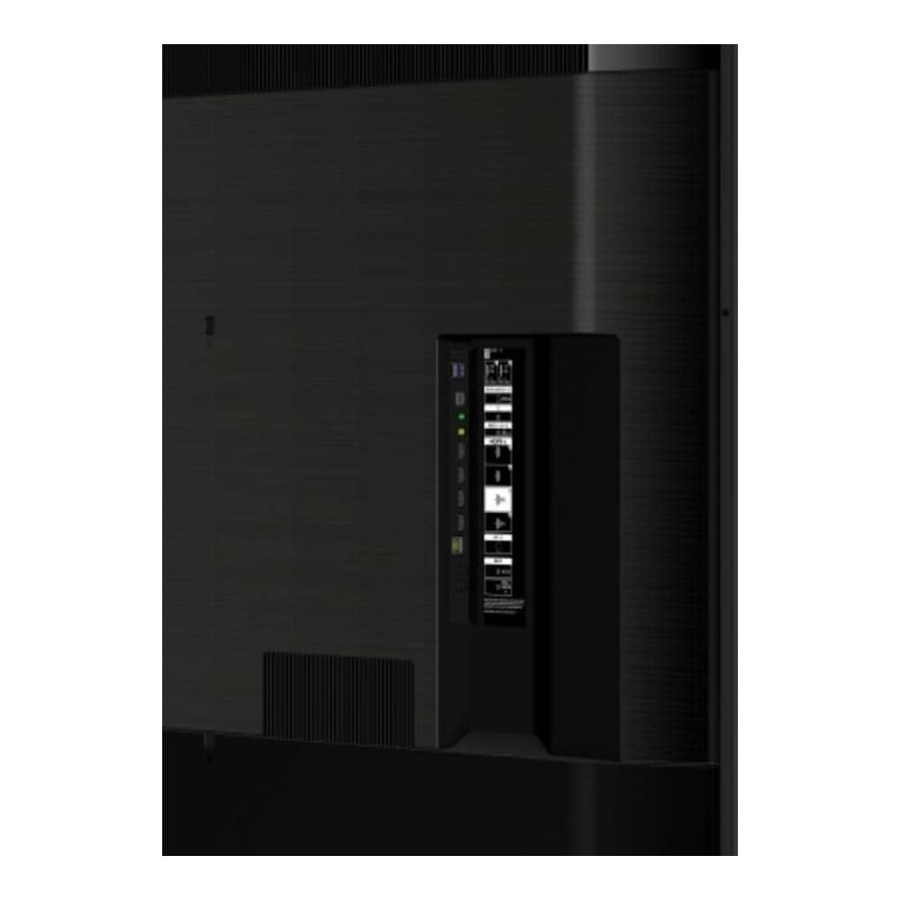 Rückseite eines schwarzen Fernsehers mit Anschlüssen: HDMI, USB und Strom.