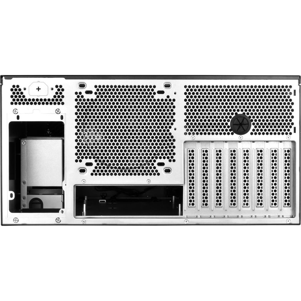 Vue arrière d'un boîtier d'ordinateur avec fentes de ventilation et emplacements d'extension.
