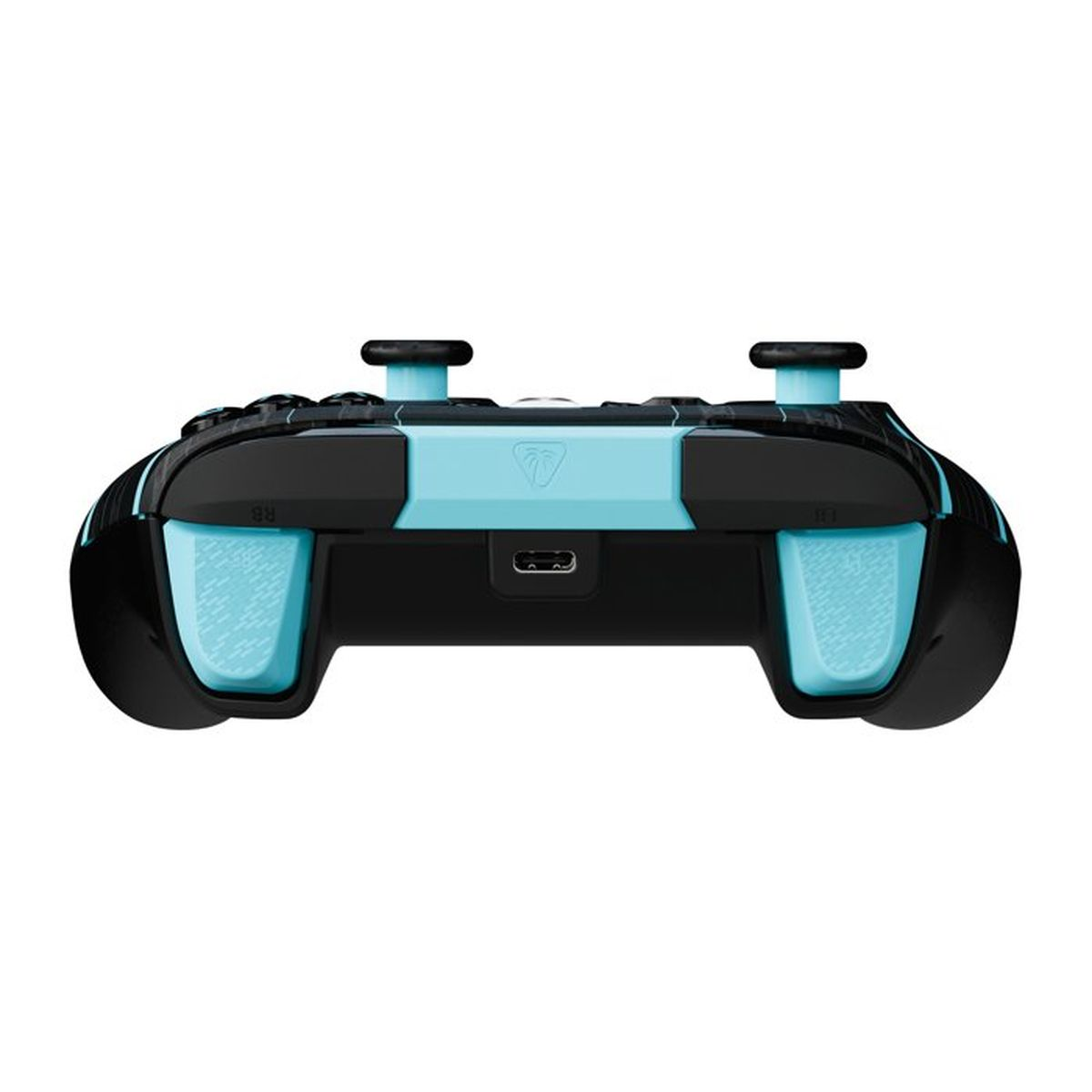Schwarzer und hellblauer Gaming-Controller mit USB-Anschluss und Griffen.