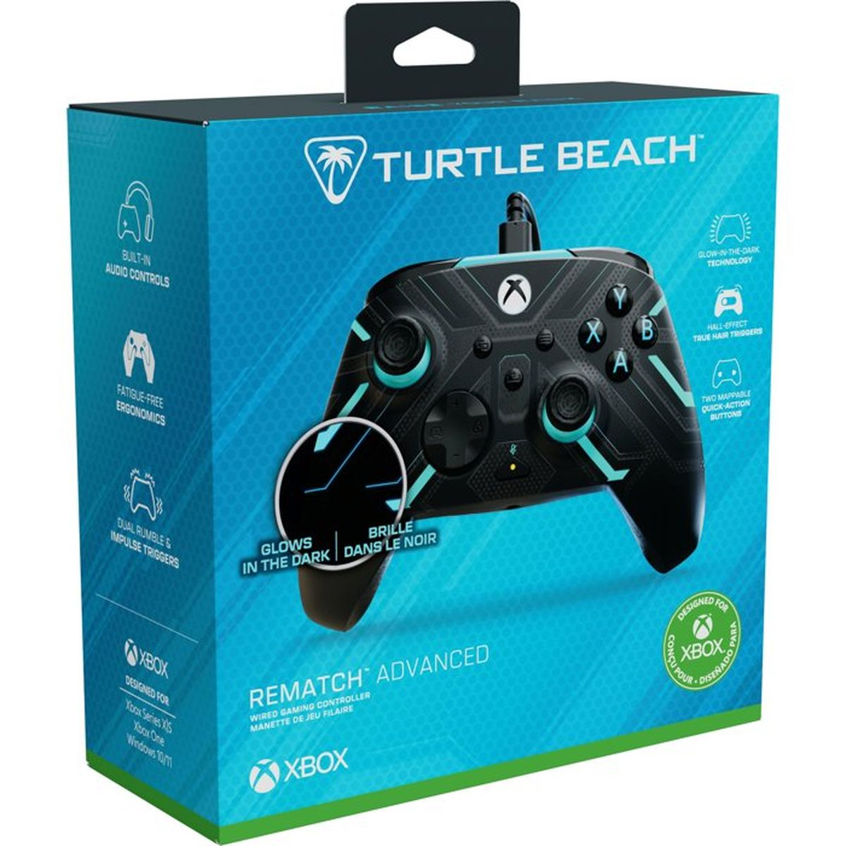 Verpackung für einen schwarzen Turtle Beach Xbox Controller mit türkisfarbenen Akzenten.