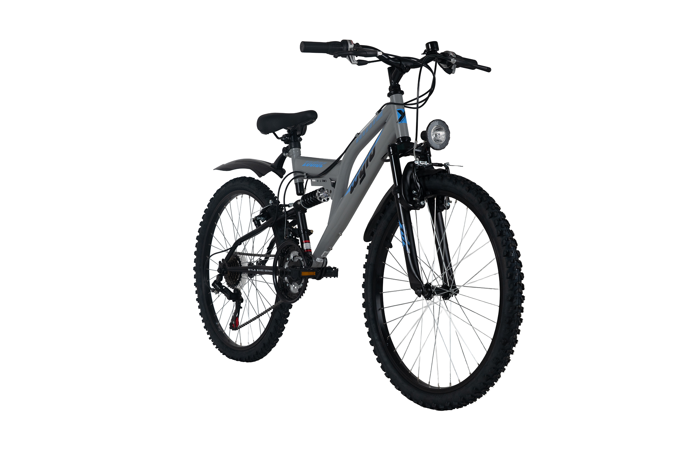 Graues Mountainbike mit Federung, schwarzen Reifen und Scheinwerfer.